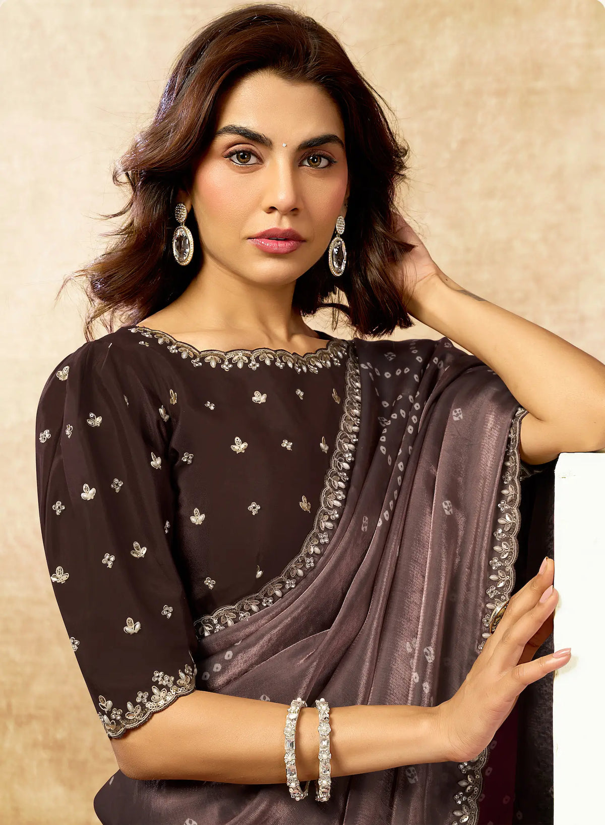 Coffee Brown Bandhani Print Saree with Border
