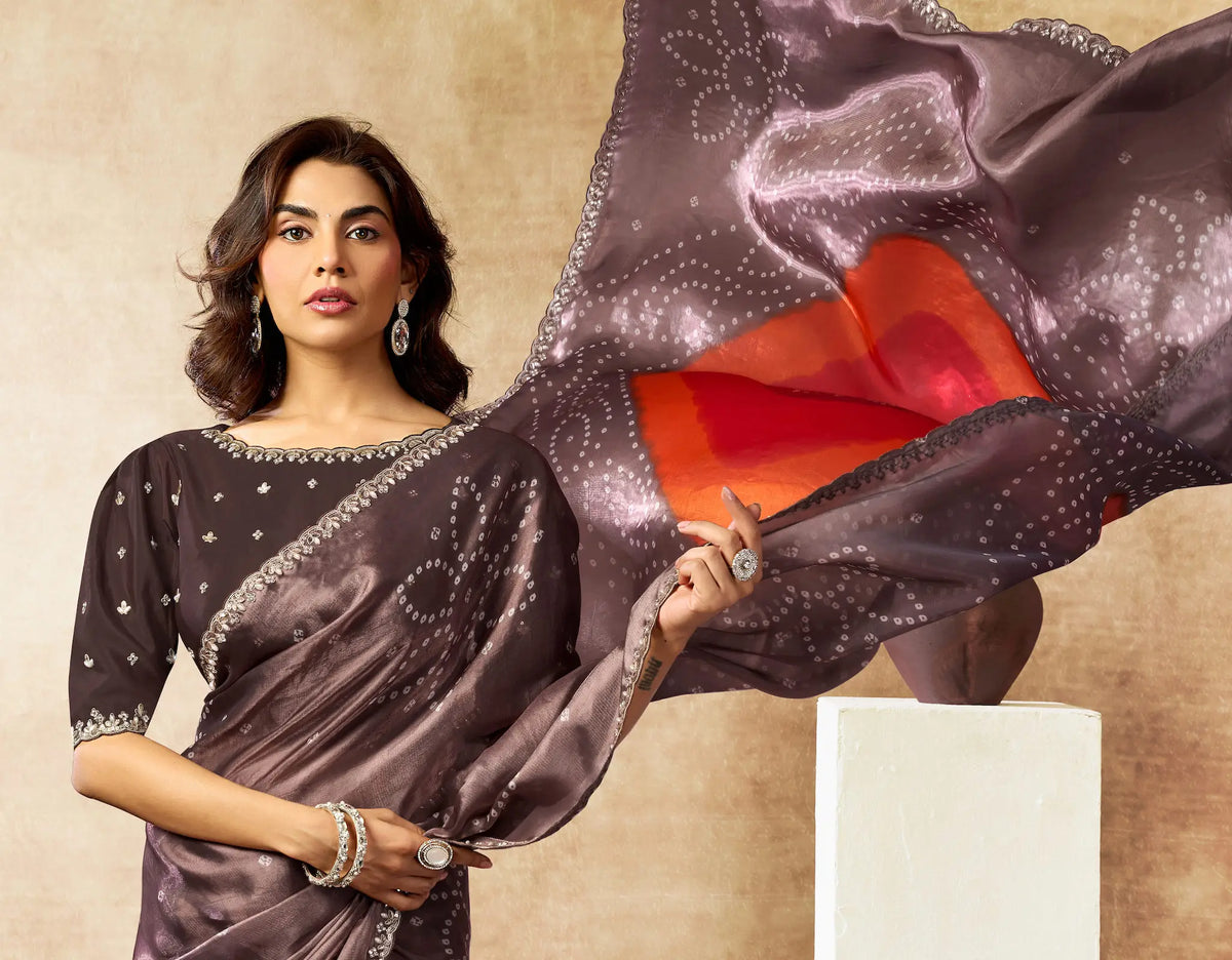 Coffee Brown Bandhani Print Saree with Border