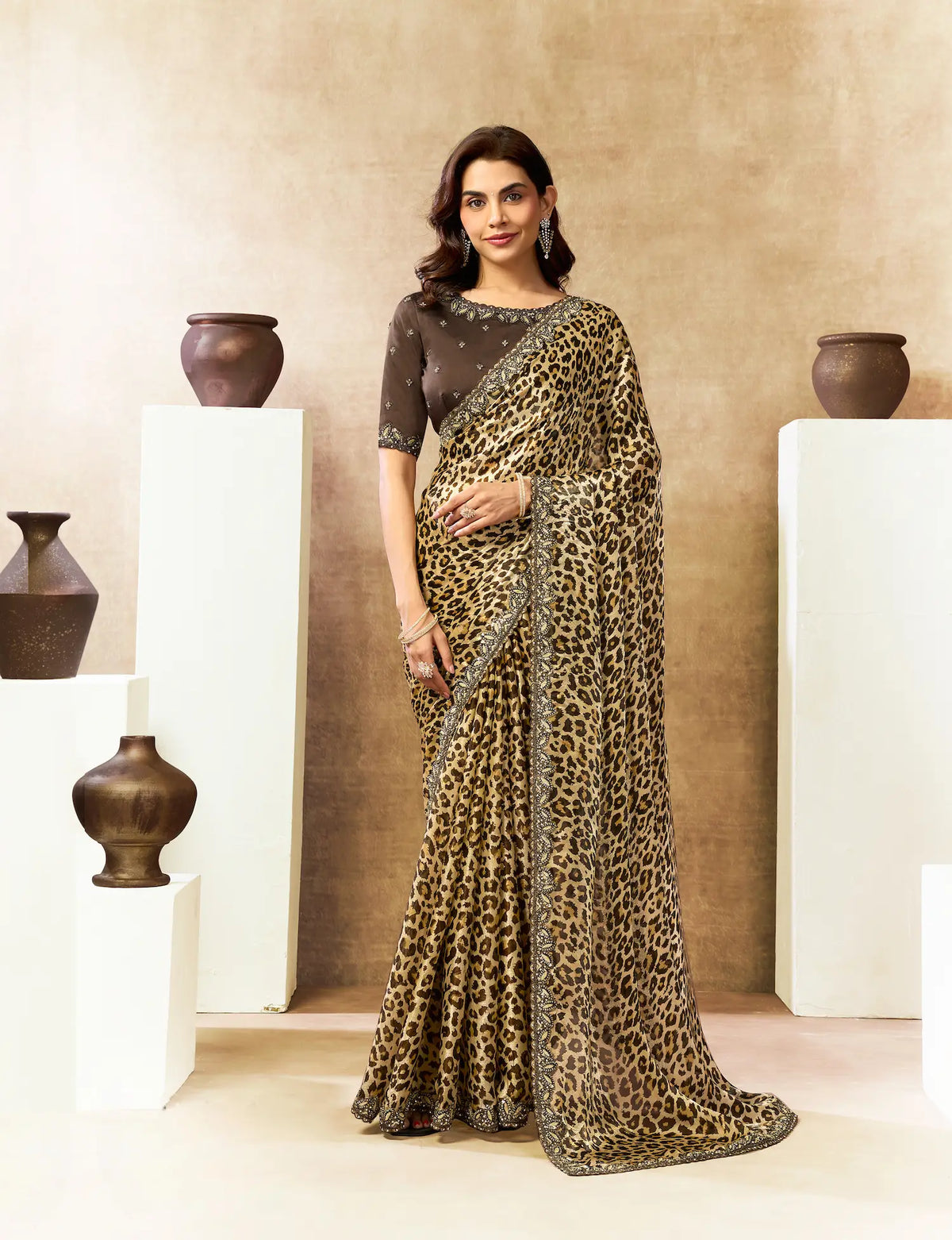 Sand Beige Leopard Print Saree with Border