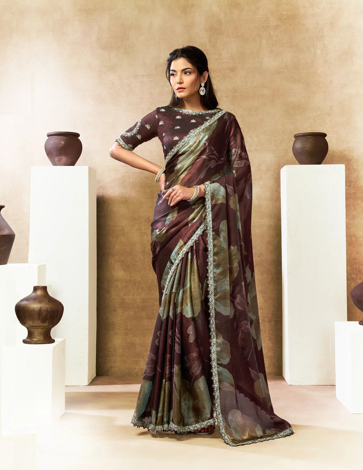 Cocoa Brown Floral Print Saree with Border
