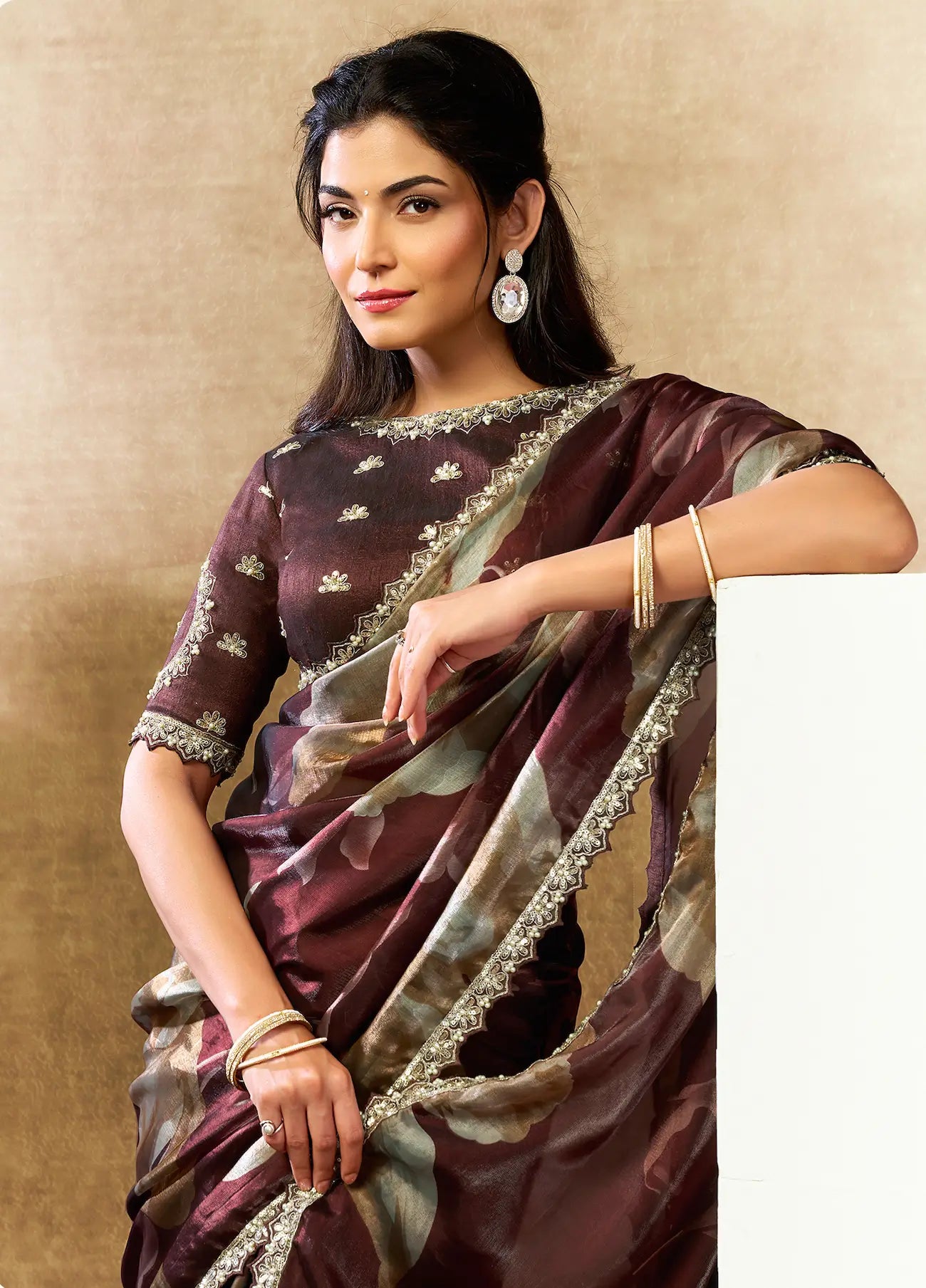 Cocoa Brown Floral Print Saree with Border