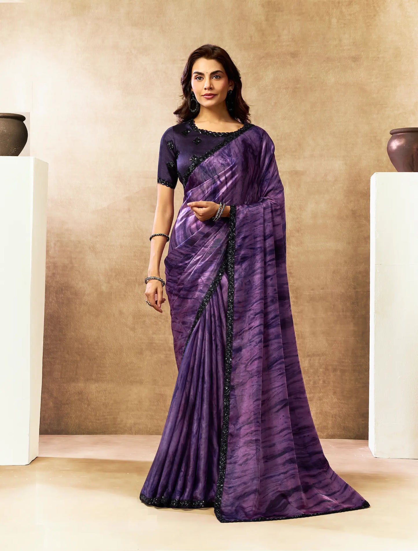 Plum Purple Abstract Print Saree with Border
