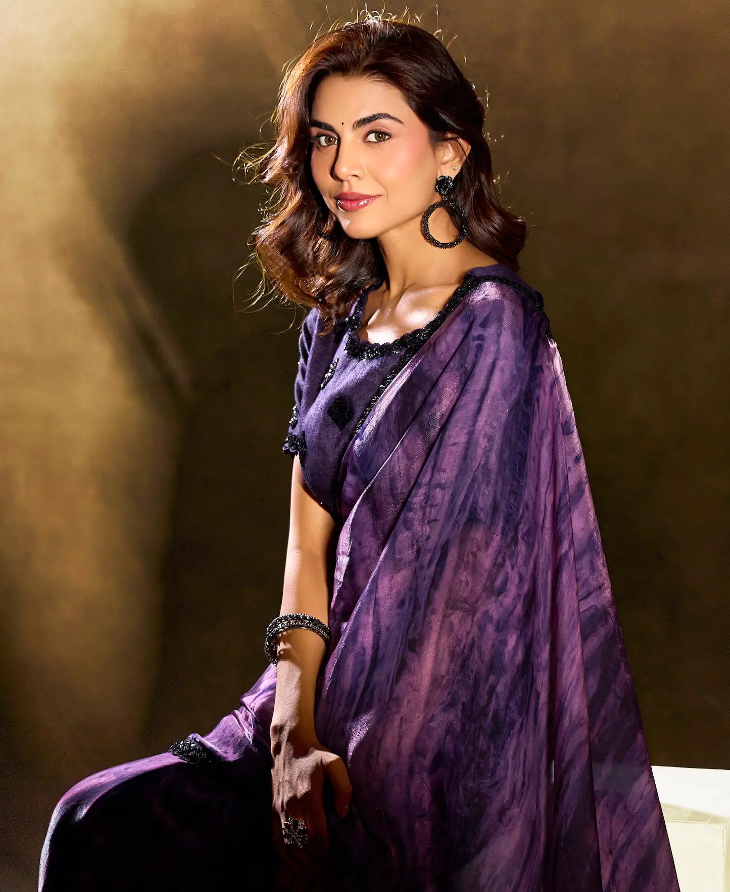 Plum Purple Abstract Print Saree with Border