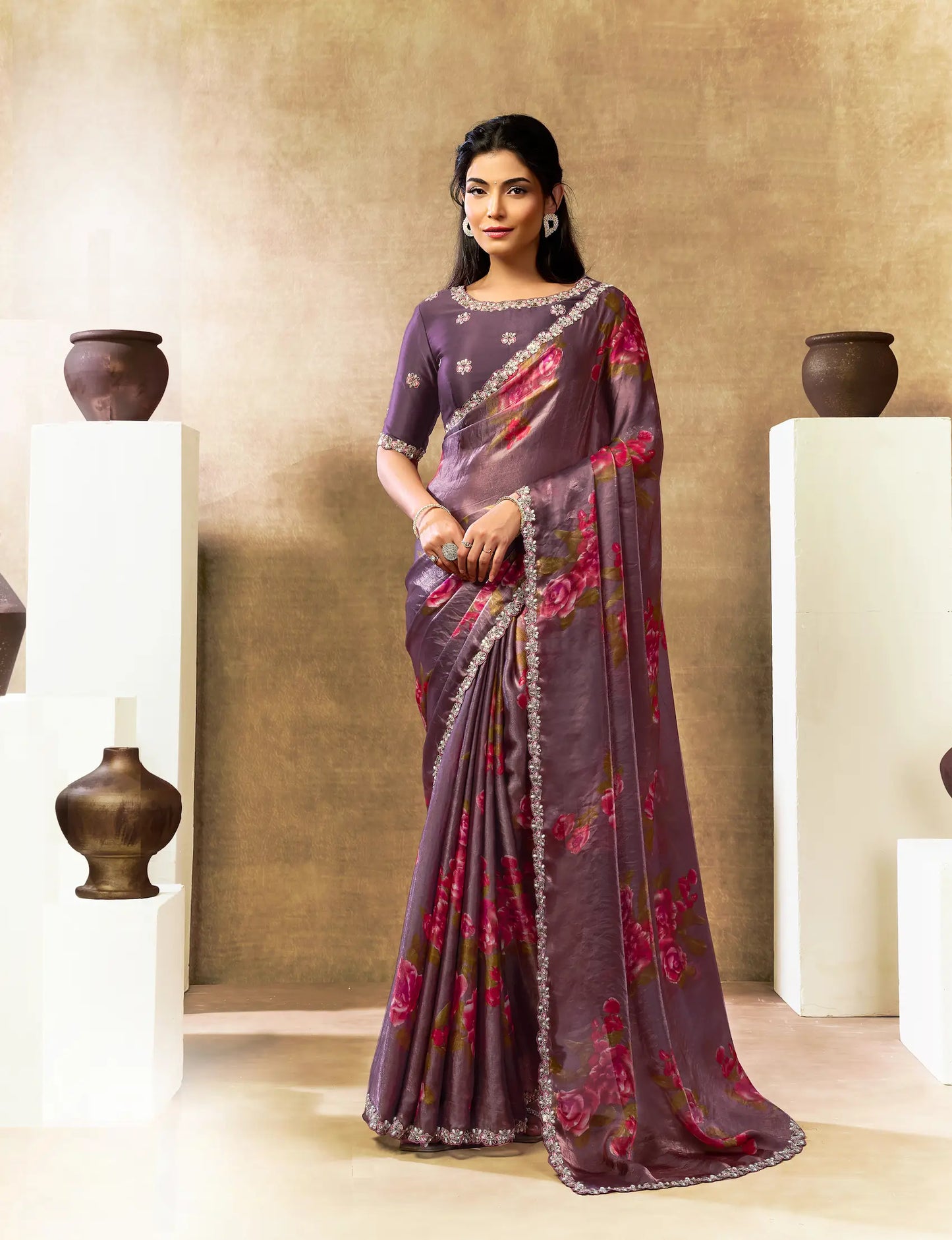 Dark Mauve Floral Print Saree with Border
