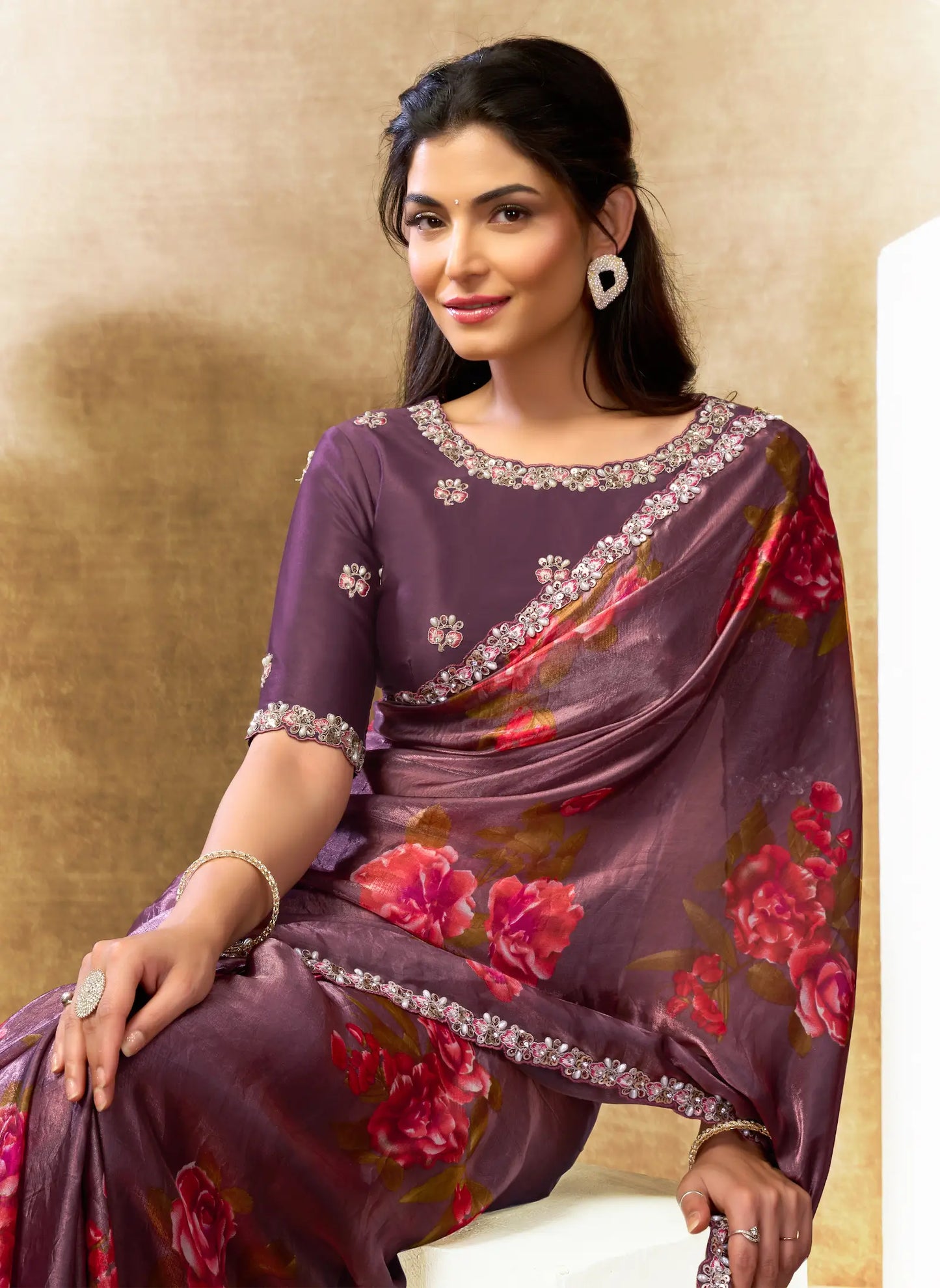 Dark Mauve Floral Print Saree with Border