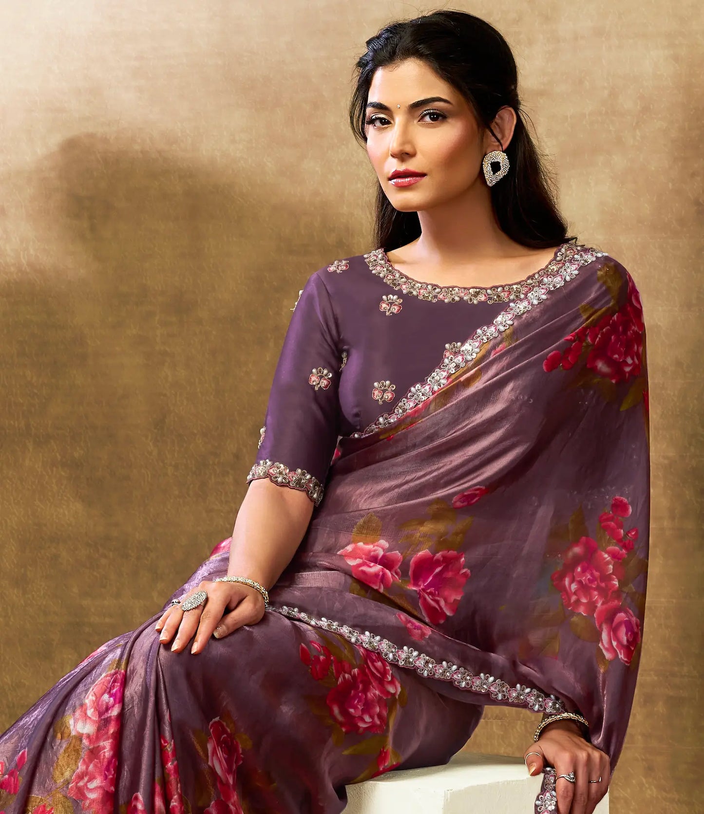 Dark Mauve Floral Print Saree with Border