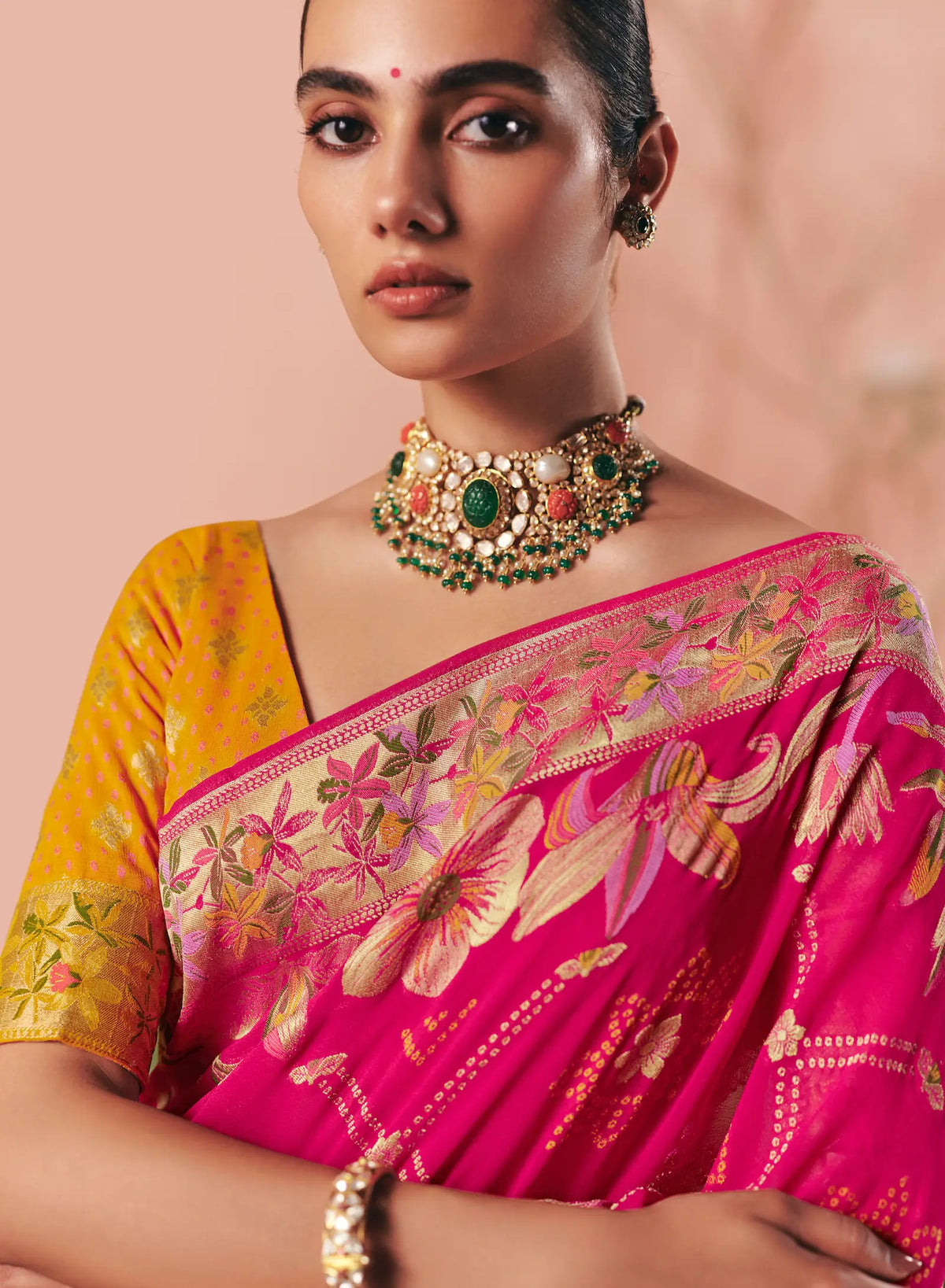 Rani Pink Georgette Bandhej Weaving Saree