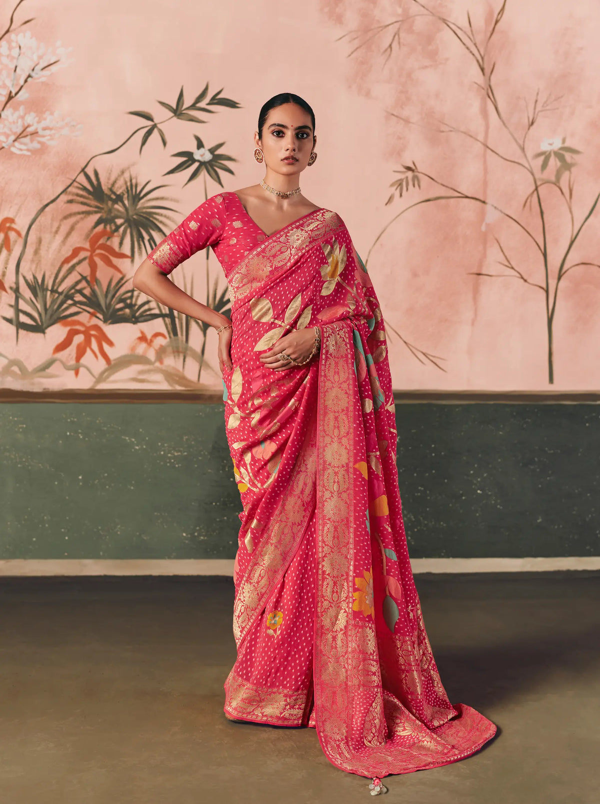 Dusty Red Georgette Bandhej Weaving Saree
