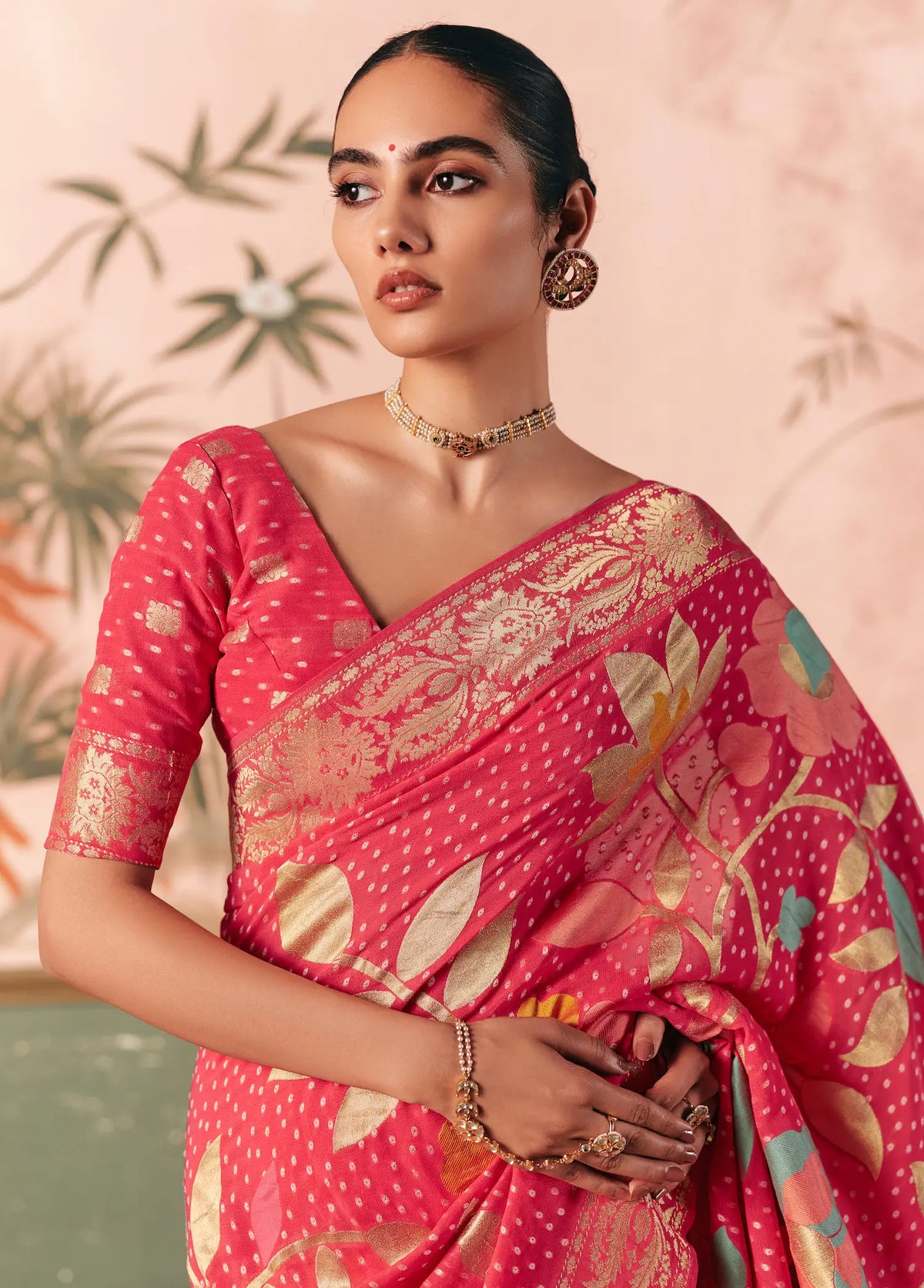 Dusty Red Georgette Bandhej Weaving Saree