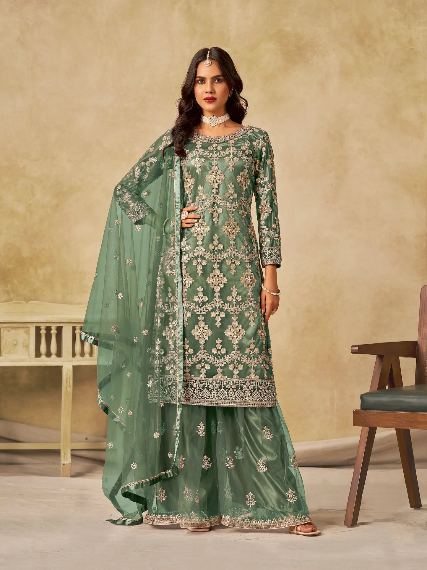 Hazel Green Net Palazzo Suit With Sequins Embroidery