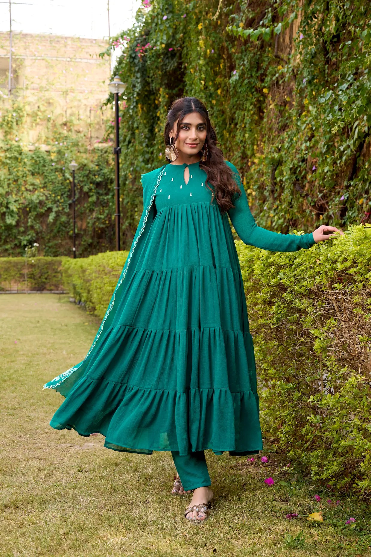 Dark Teal Flared Gown With Foil Work