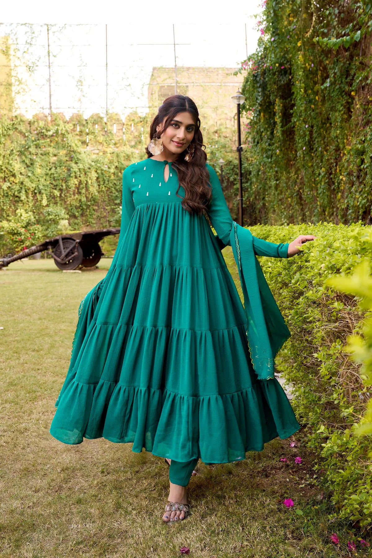 Dark Teal Flared Gown With Foil Work