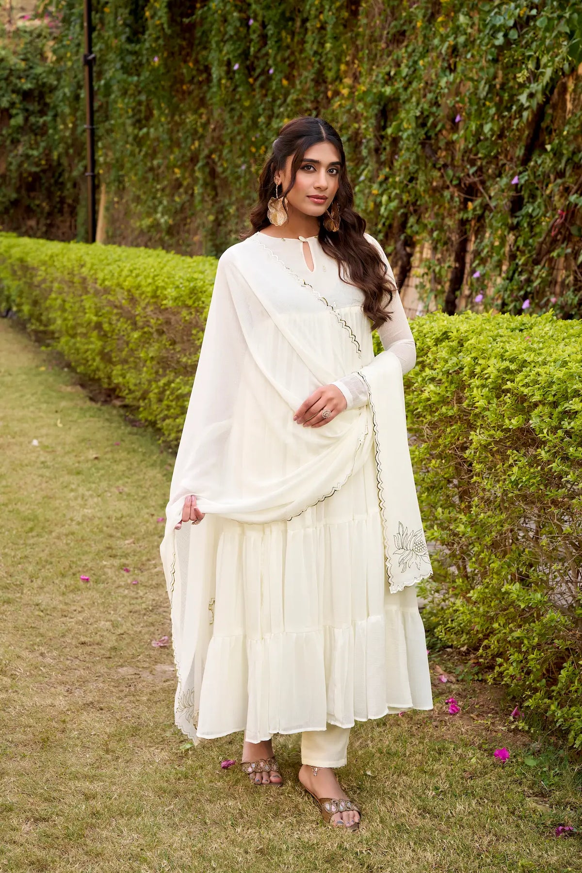Pearl White Flared Gown With Foil Work