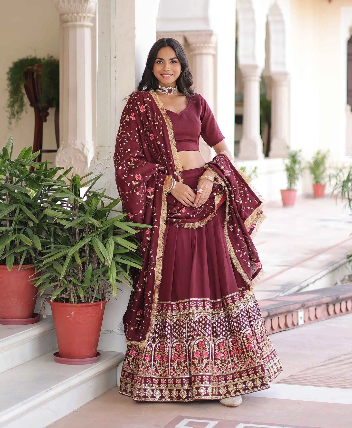 Maroon Lehenga Choli With Multi Embroidery Work