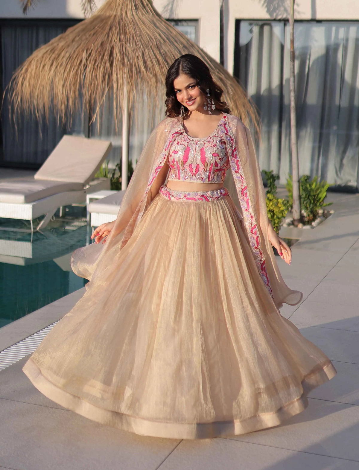 Dark Beige Beads Work Indo Western