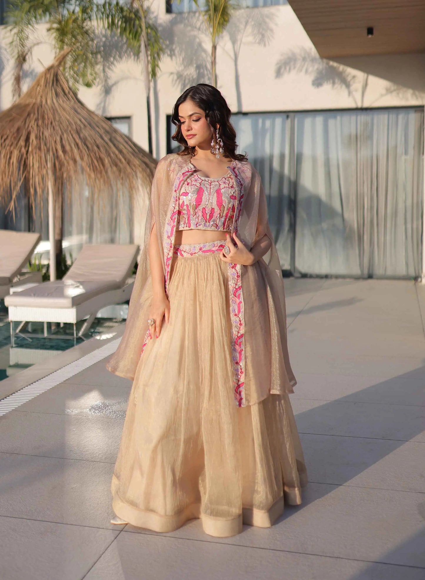 Dark Beige Beads Work Indo Western