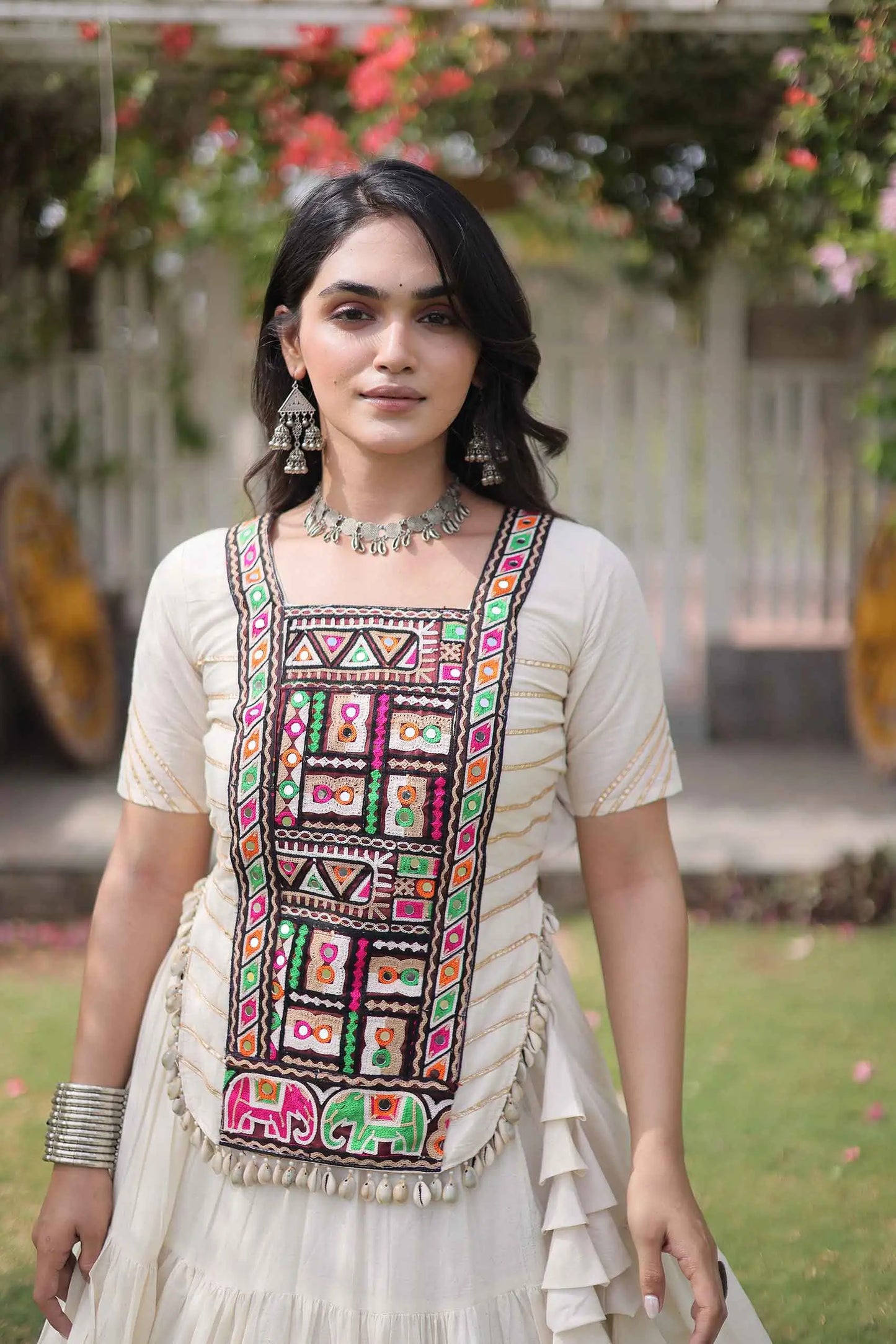 White Gamthi Work Navaratri Lehenga Choli