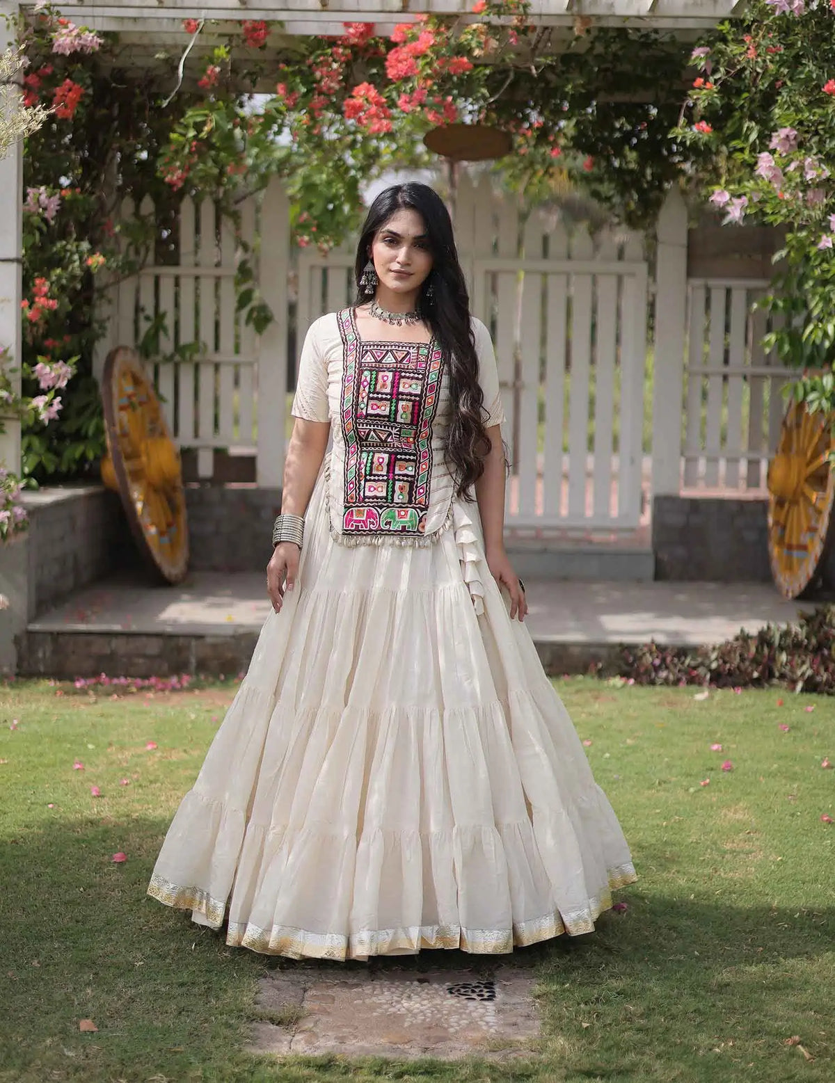 White Gamthi Work Navaratri Lehenga Choli