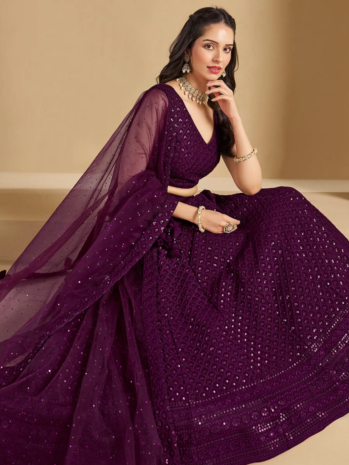 Wine Party Wear Lehenga With Sequins Embroidery Work And Dupatta