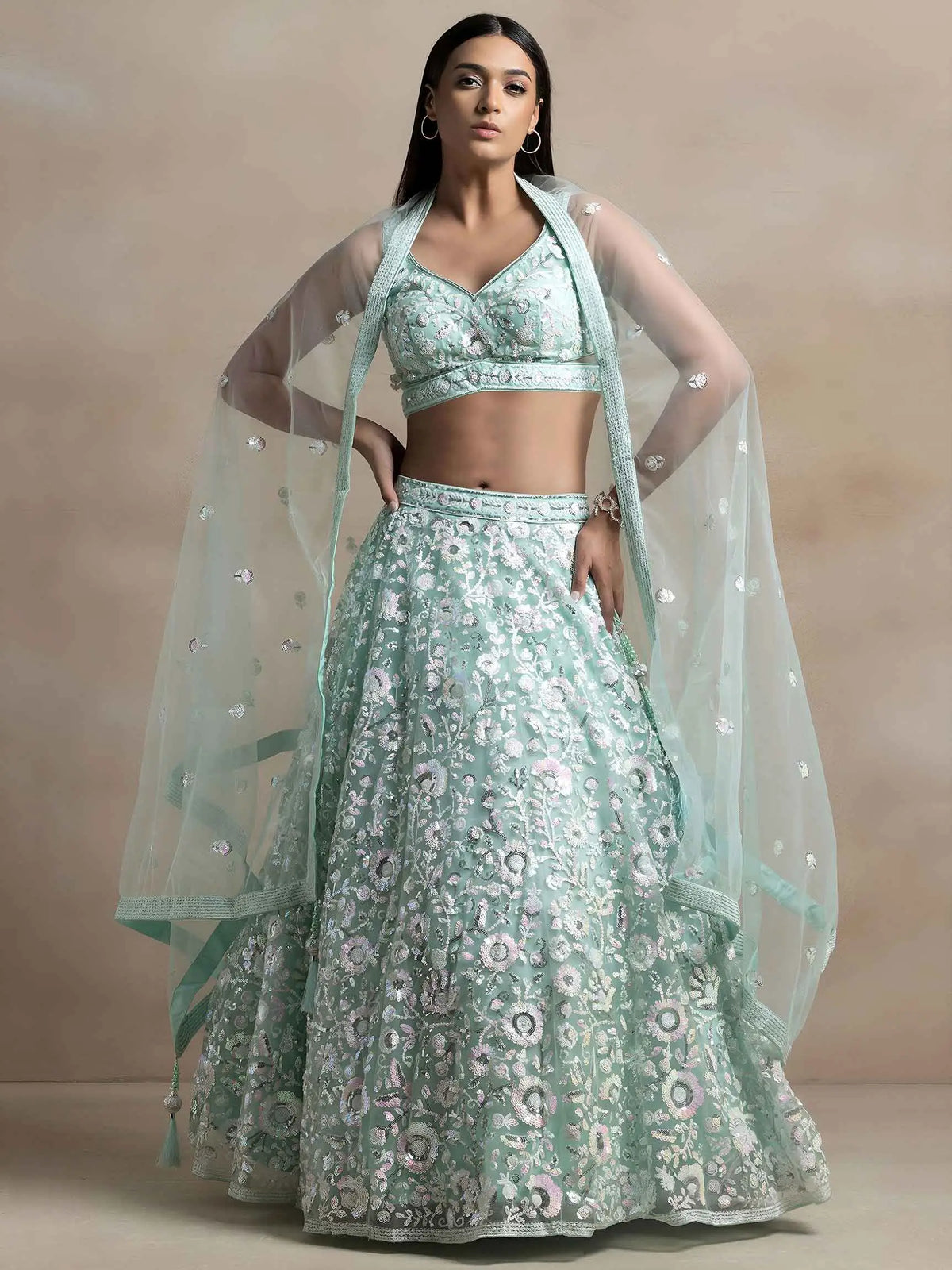 Sky Blue Sequins Work Net Lehenga Choli