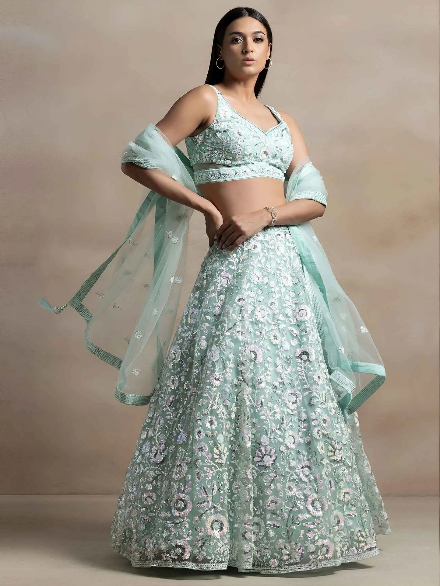 Sky Blue Sequins Work Net Lehenga Choli