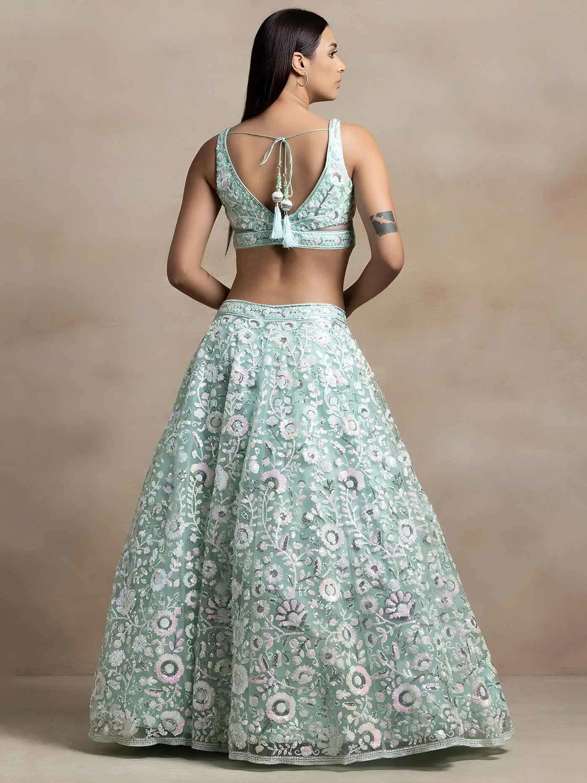 Sky Blue Sequins Work Net Lehenga Choli