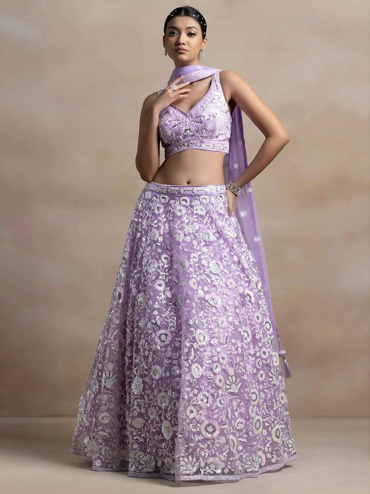 Lavender Sequins Work Net Lehenga Choli