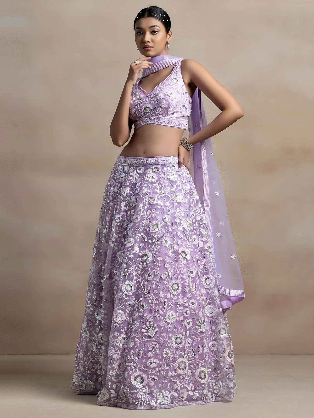 Lavender Sequins Work Net Lehenga Choli