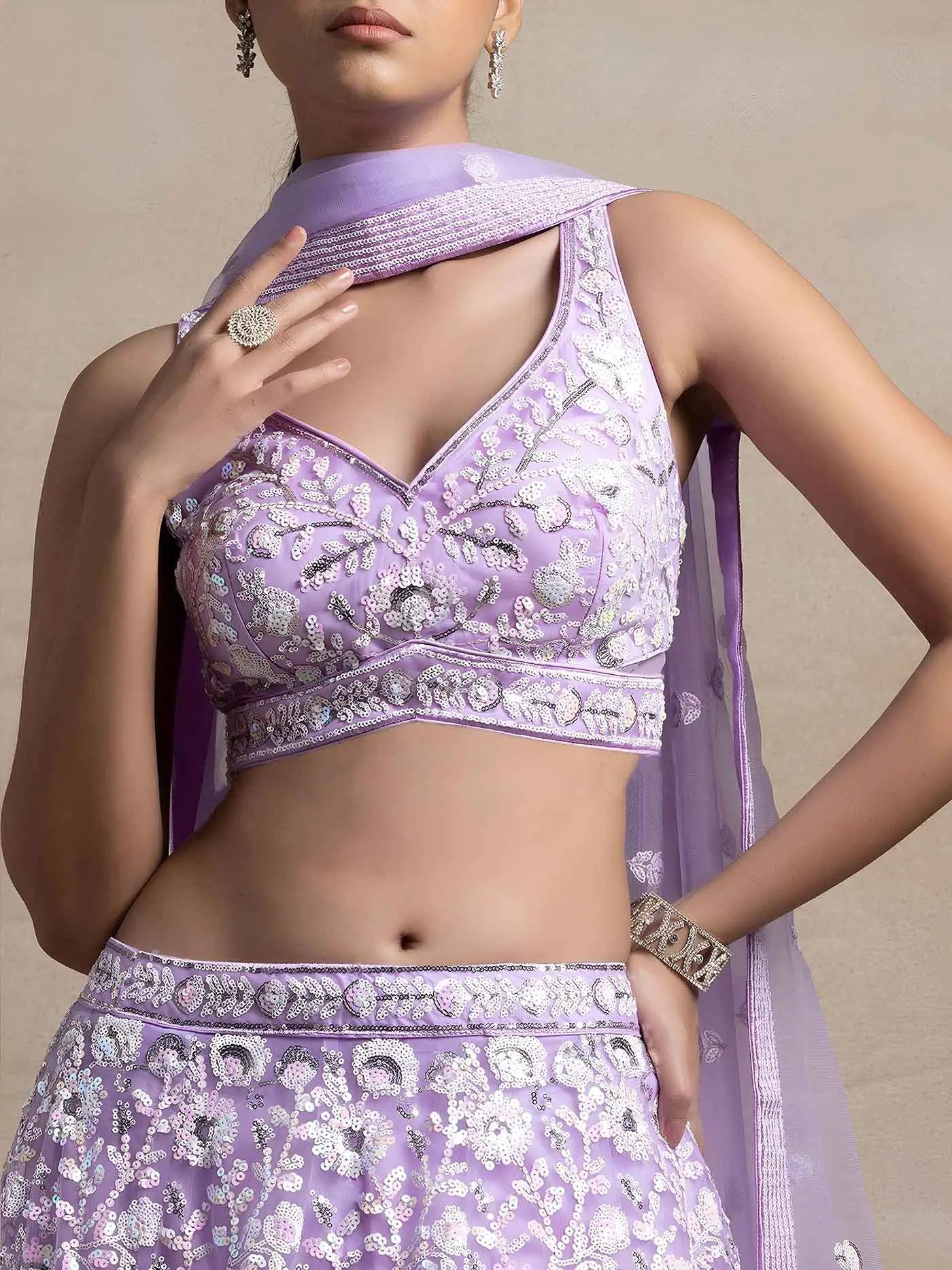 Lavender Sequins Work Net Lehenga Choli