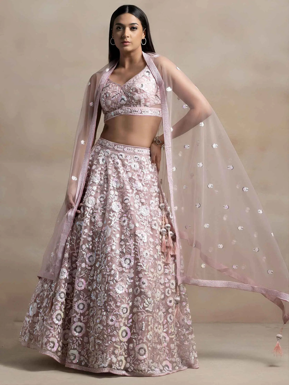 Pink Sequins Work Net Lehenga Choli