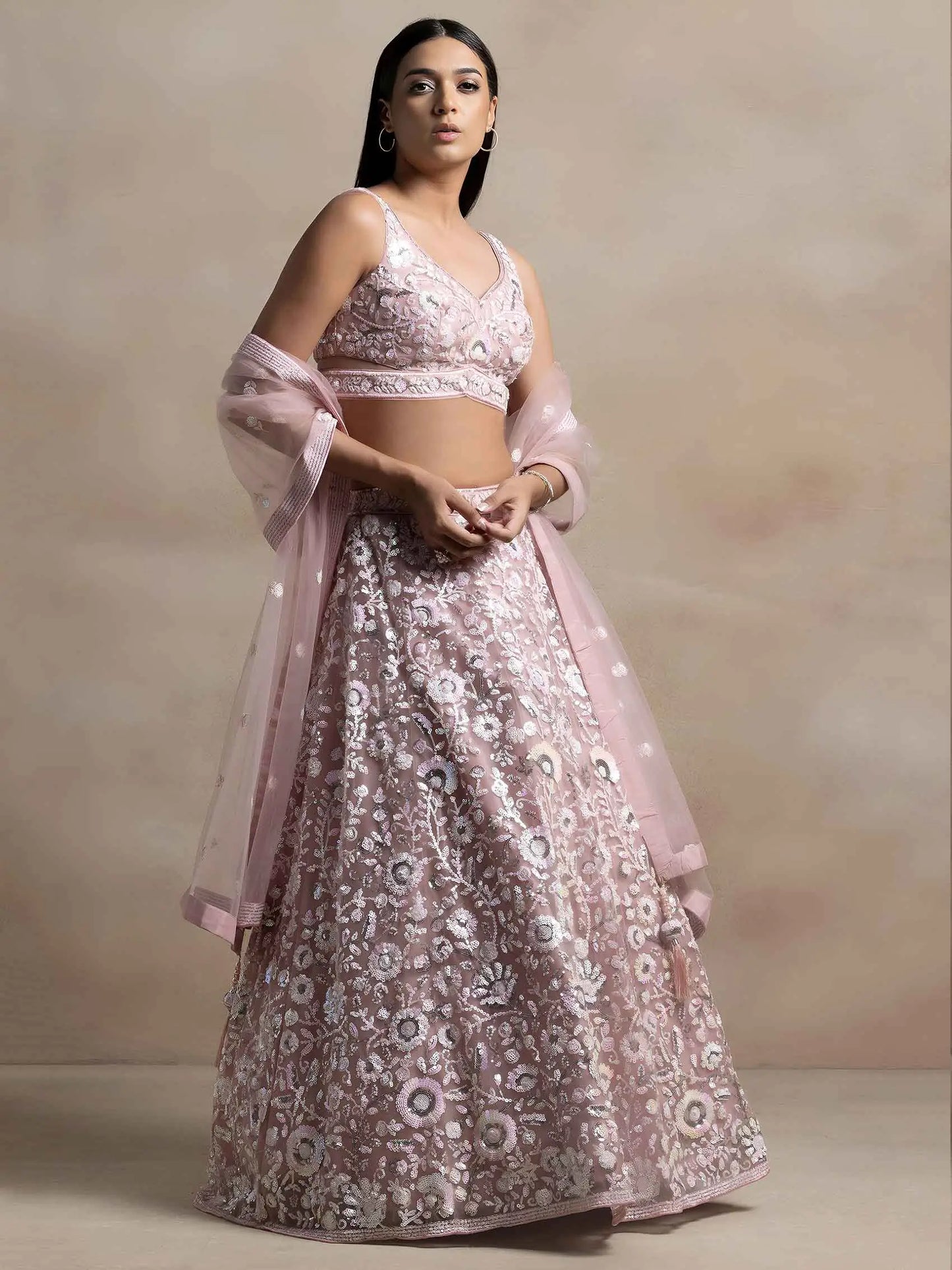 Pink Sequins Work Net Lehenga Choli