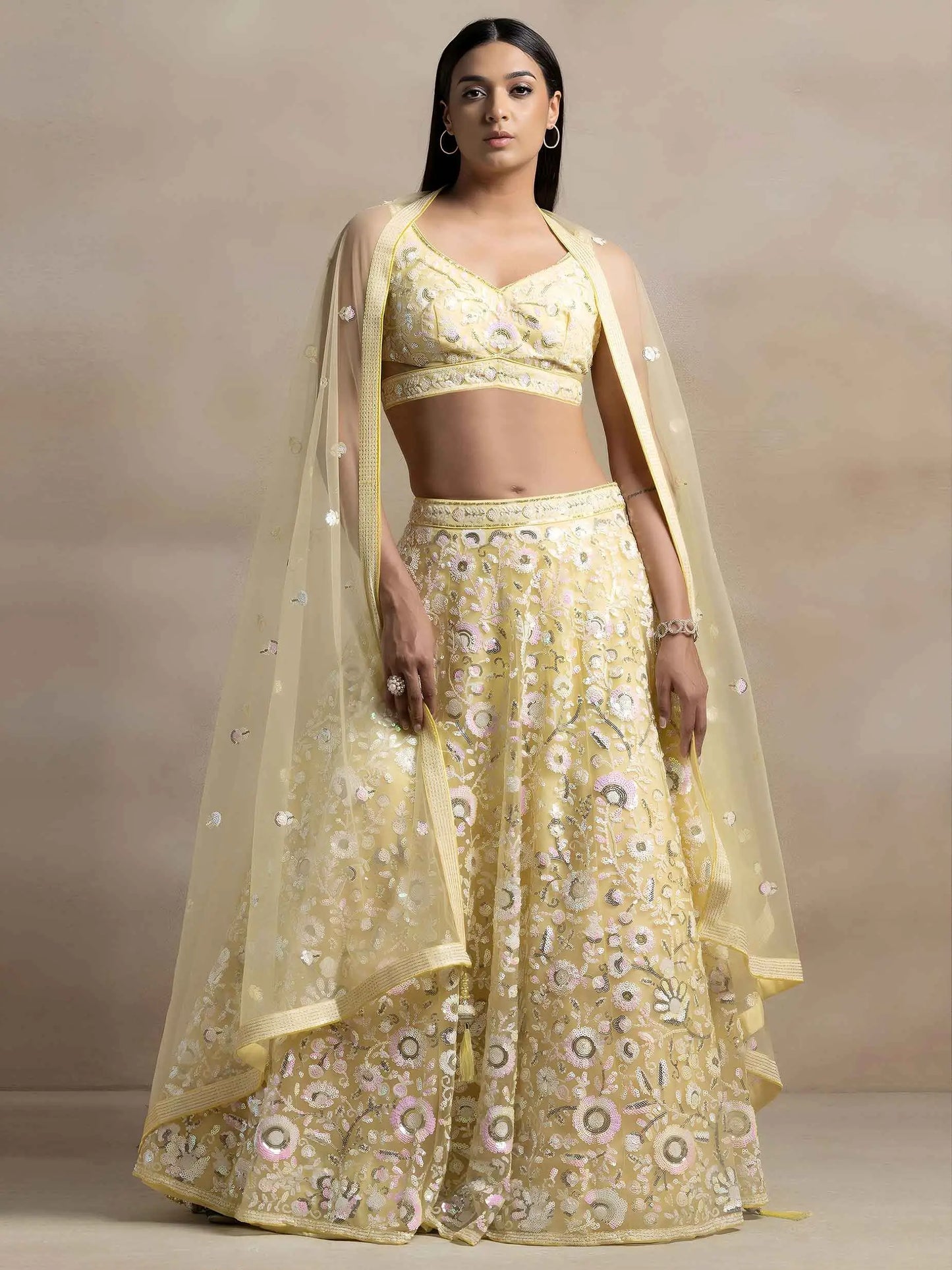 Yellow Sequins Work Net Lehenga Choli