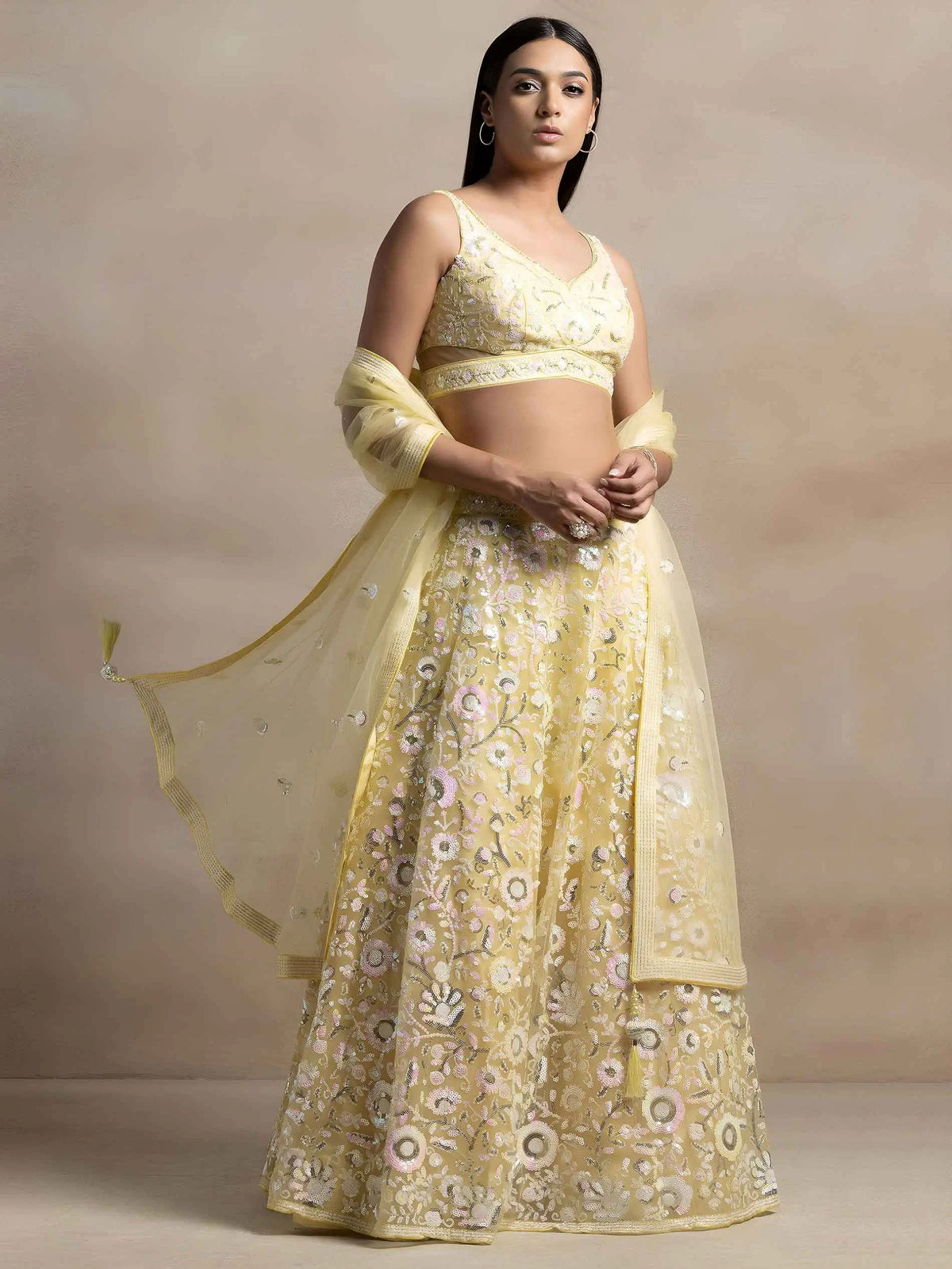 Yellow Sequins Work Net Lehenga Choli