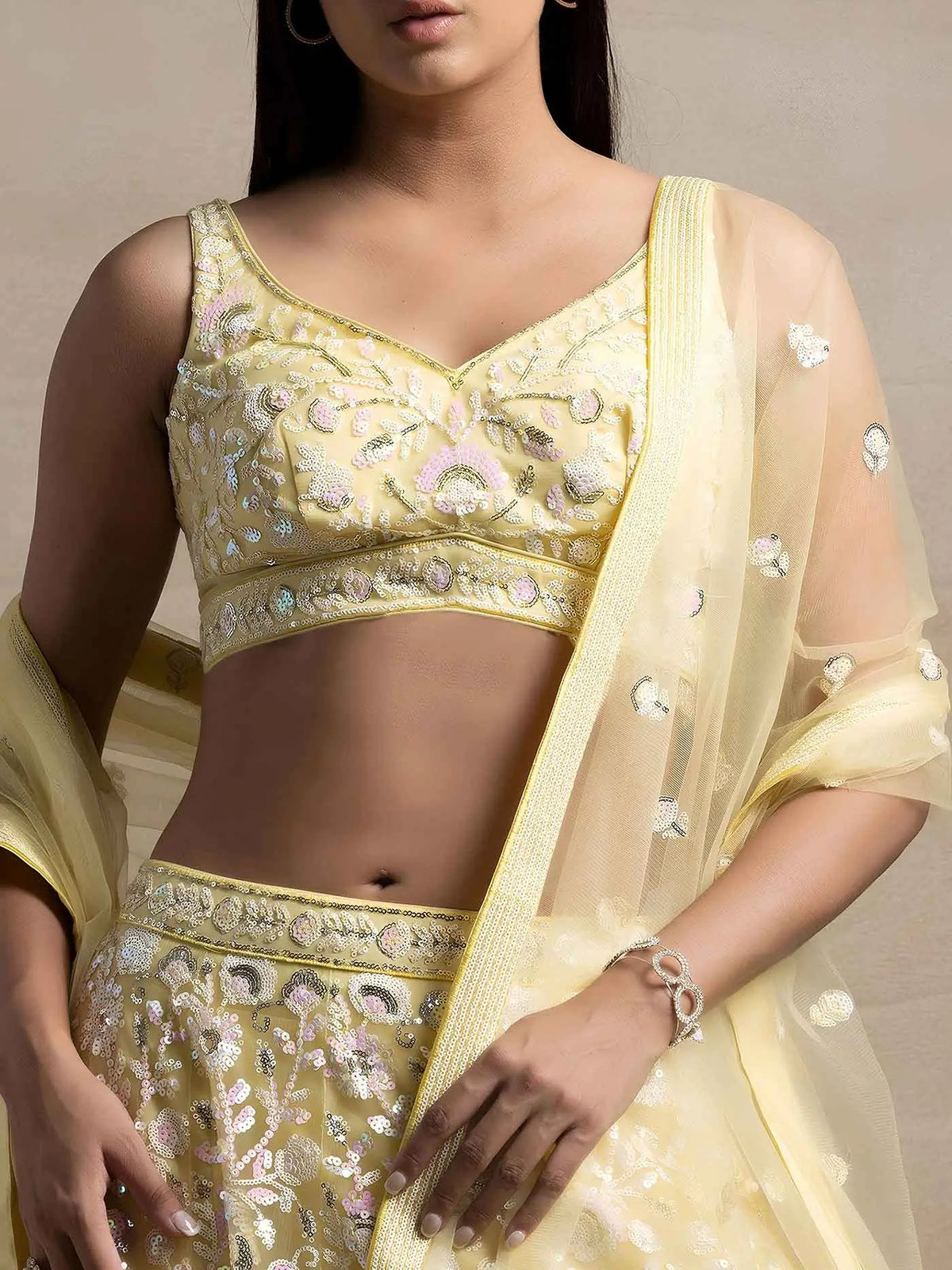 Yellow Sequins Work Net Lehenga Choli