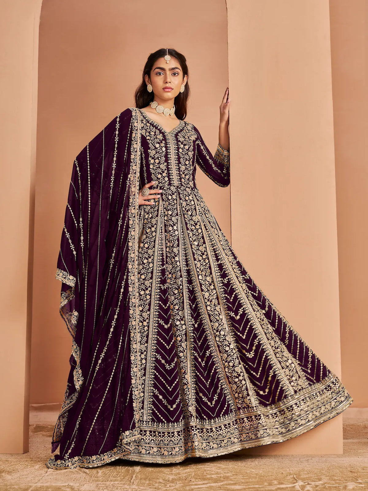 Brown Georgette Gown With Sequence & Thread Embroidery Work