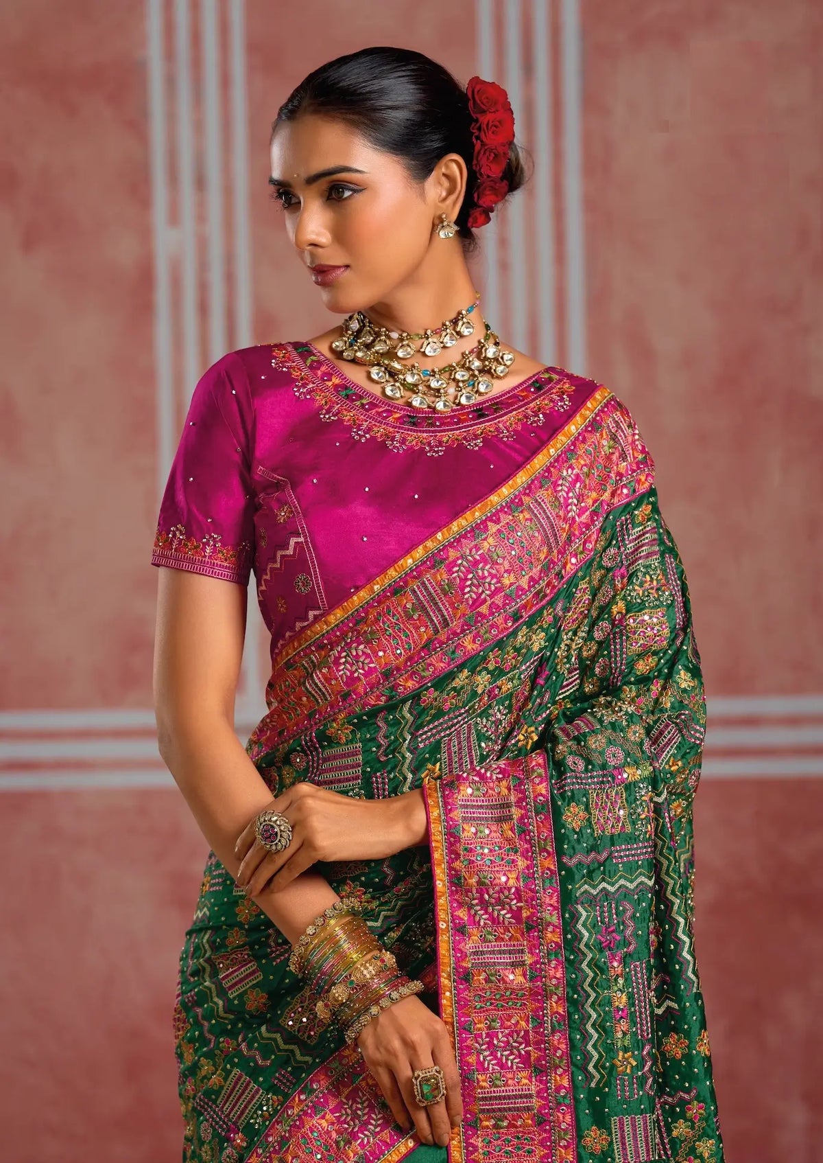 Bottle Green Silk Kacchi Heavy Work Saree