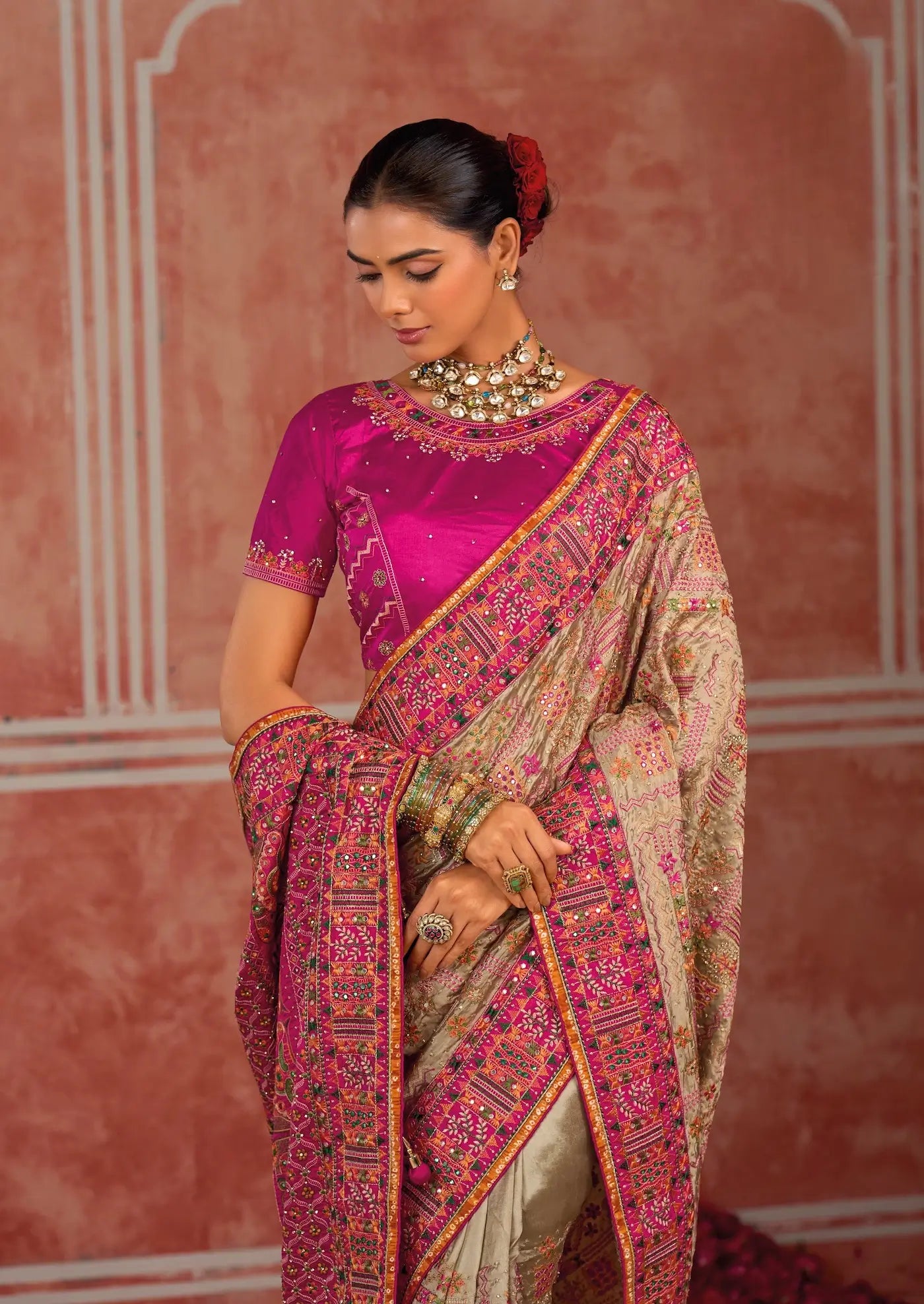 Dusty Beige Silk Kacchi Heavy Work Saree