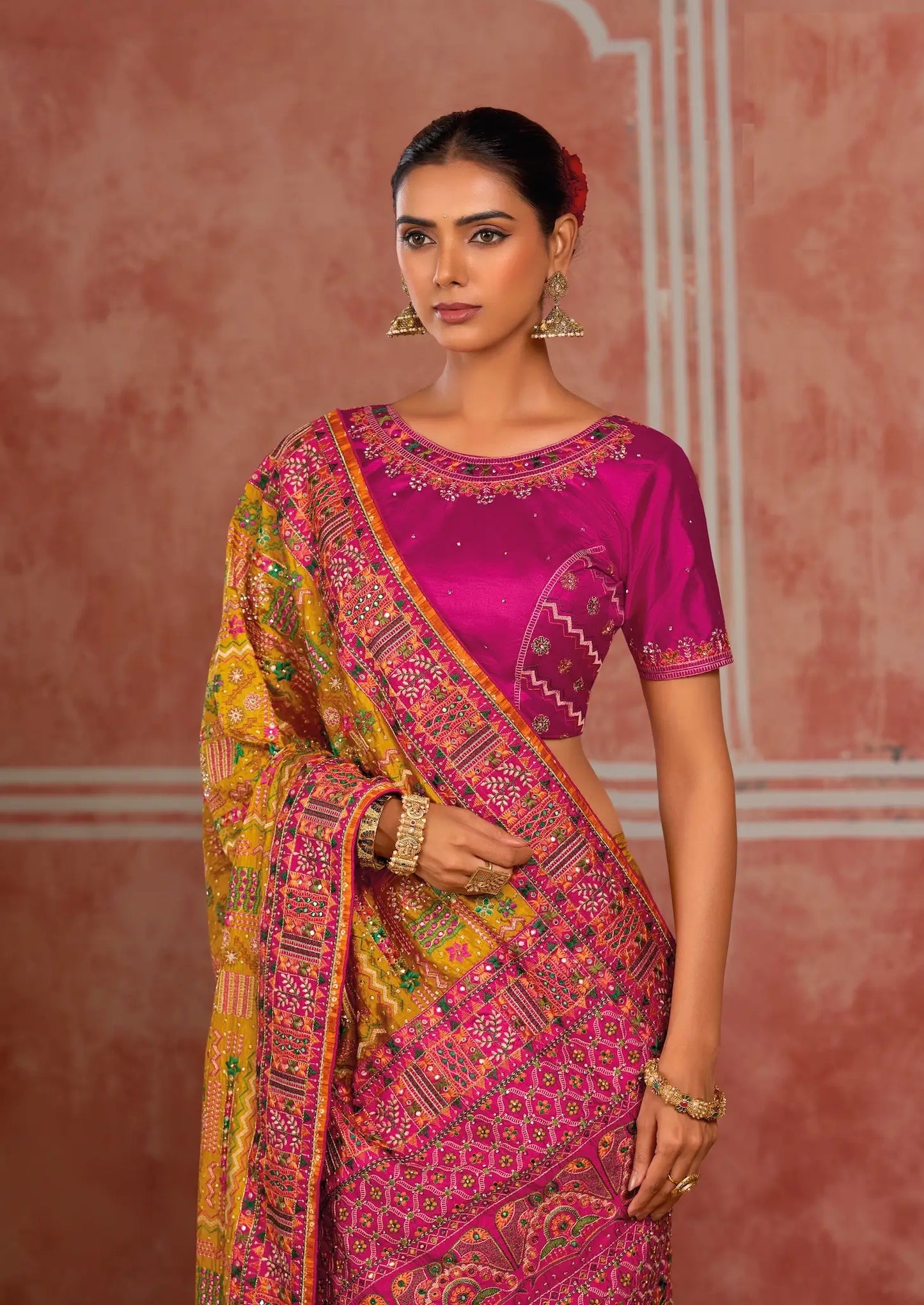 Mustard Yellow Silk Kacchi Heavy Work Saree