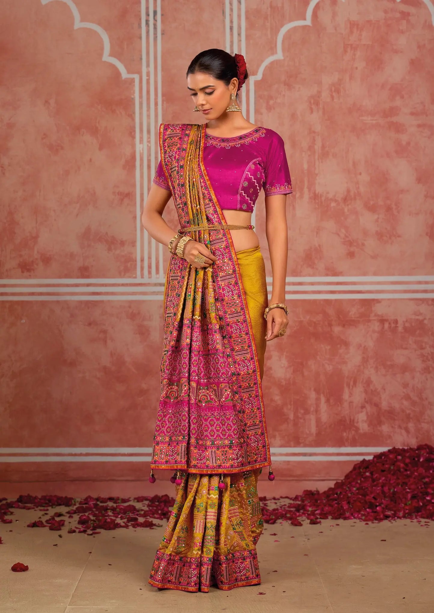 Mustard Yellow Silk Kacchi Heavy Work Saree