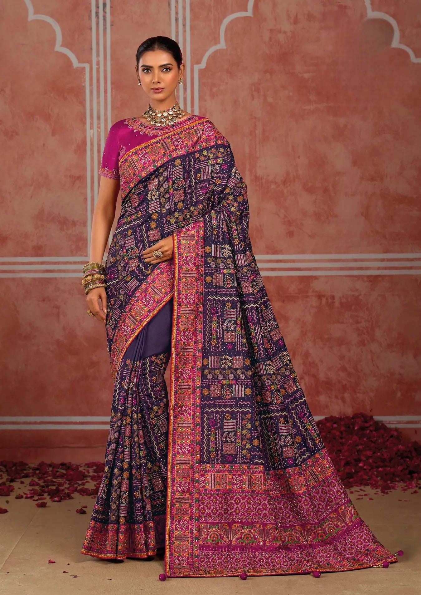 Dark Purple Silk Kacchi Heavy Work Saree