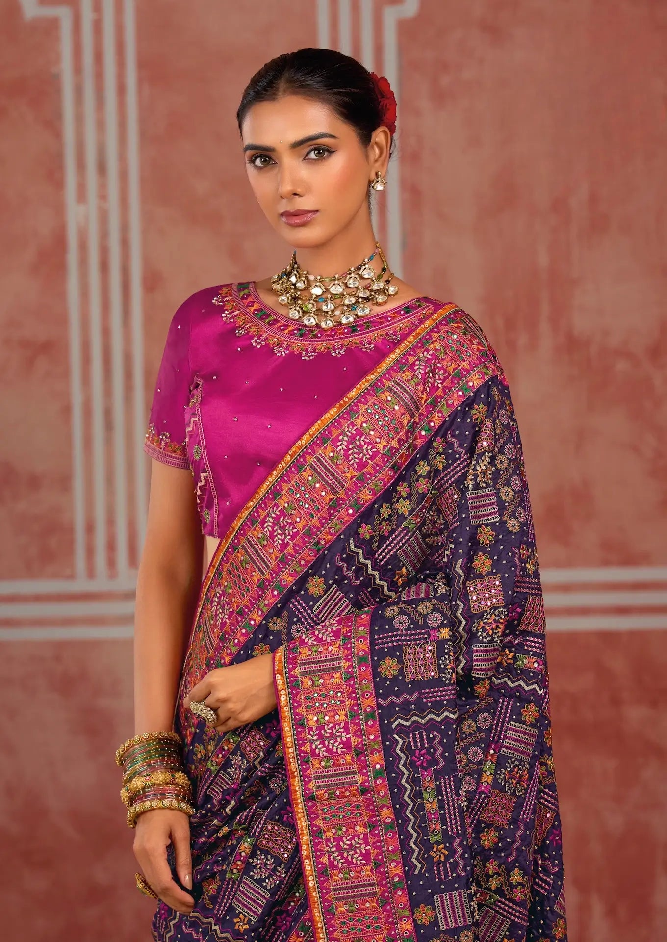Dark Purple Silk Kacchi Heavy Work Saree