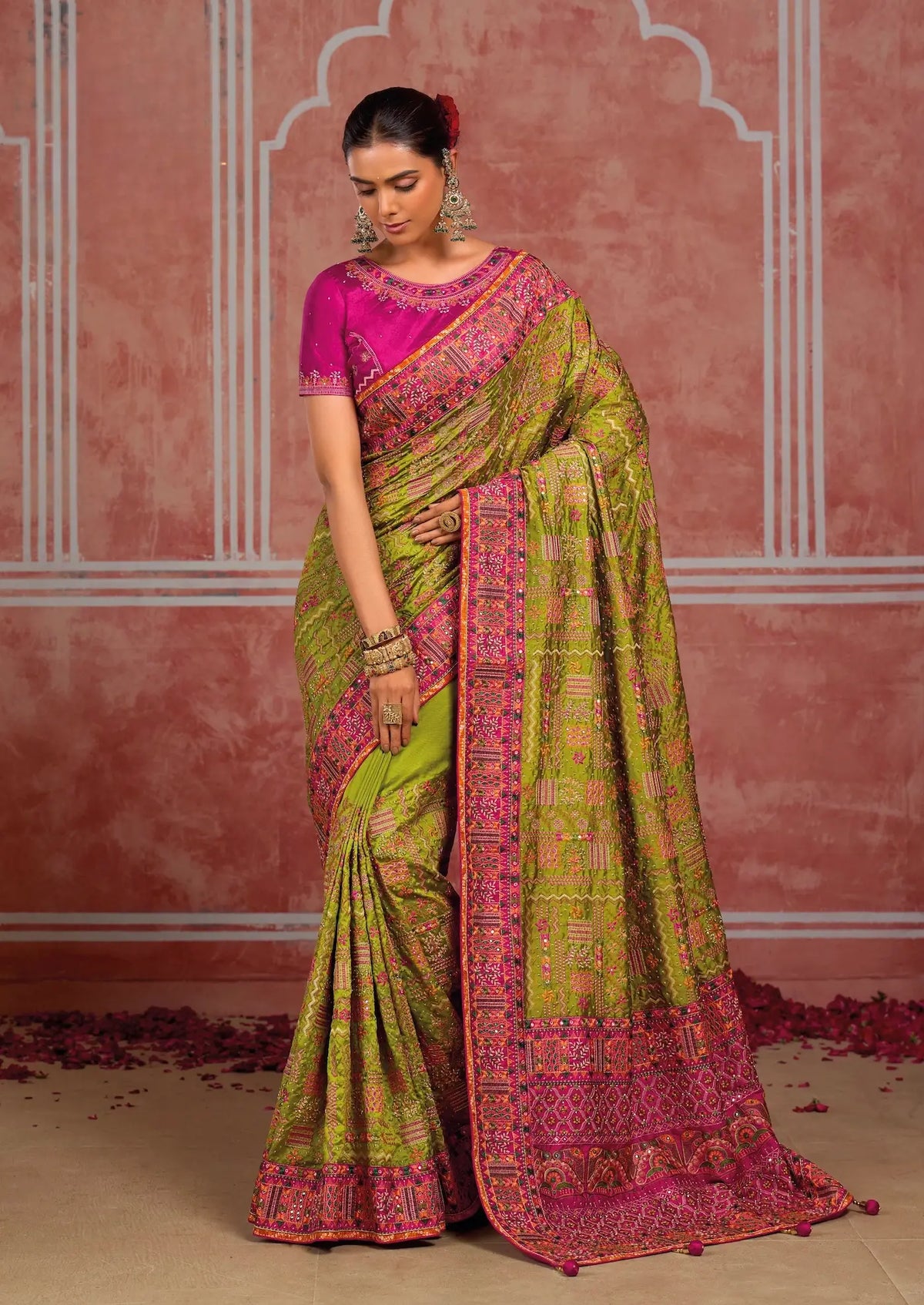 Parrot Green Silk Kacchi Heavy Work Saree