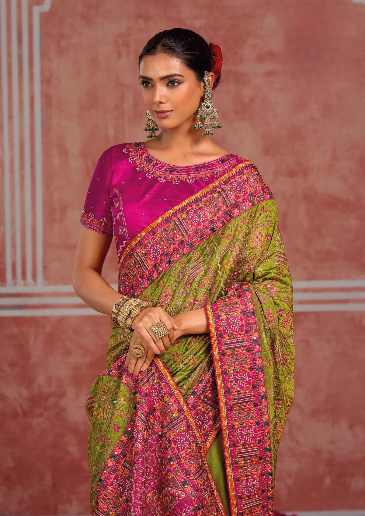 Parrot Green Silk Kacchi Heavy Work Saree