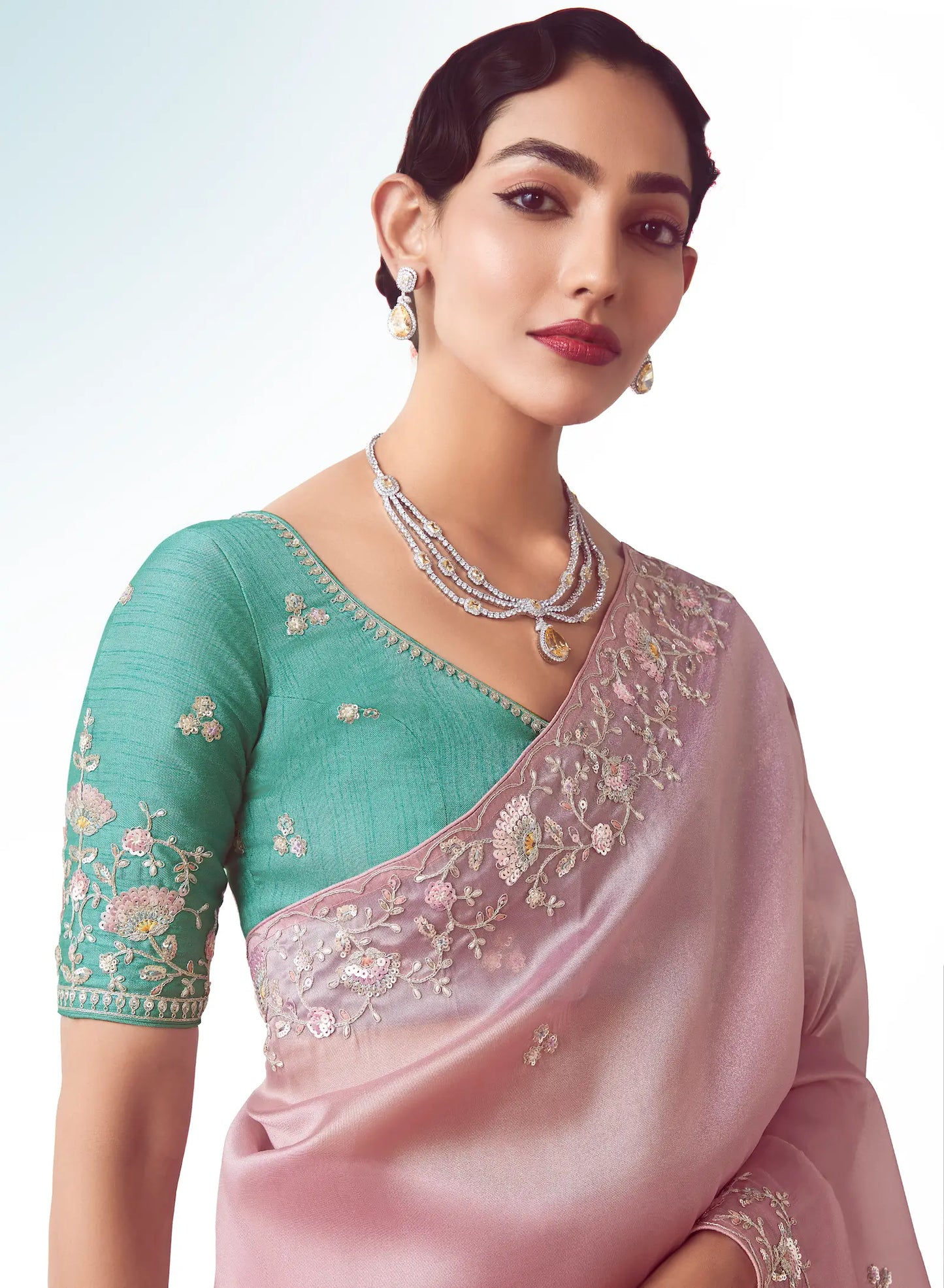 Blossom Pink Party Wear Saree With Embroidery & Hand Work