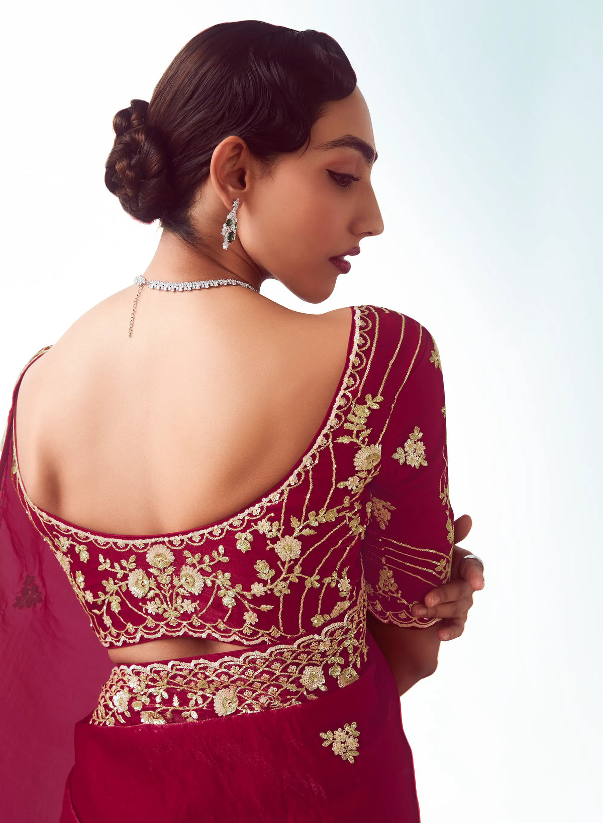 Paprika Red Party Wear Saree With Embroidery & Hand Work