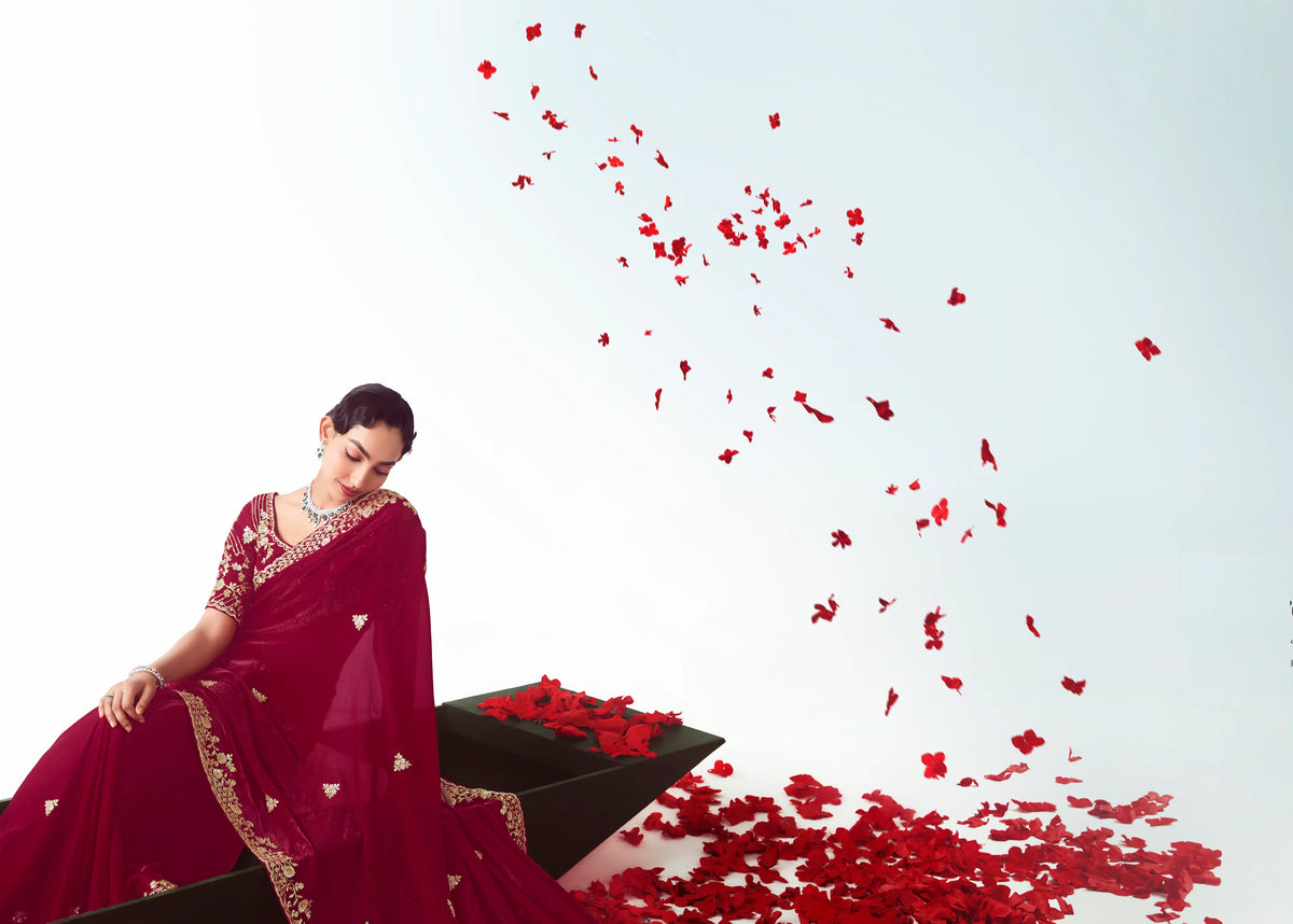 Paprika Red Party Wear Saree With Embroidery & Hand Work