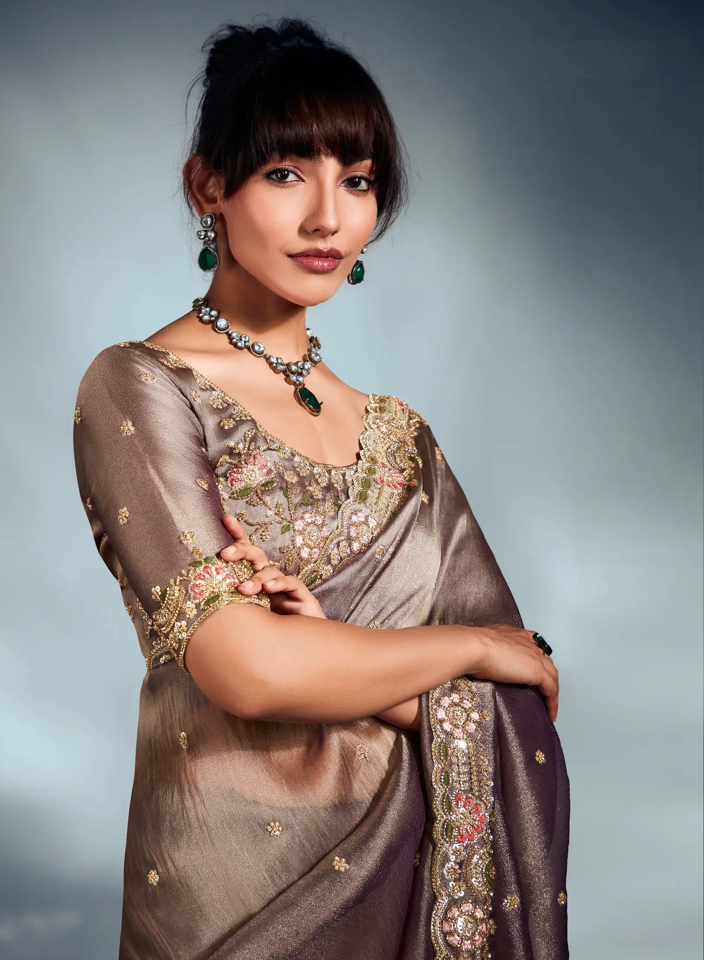 Tobacco Brown Organza Tissue Khatli Work Saree
