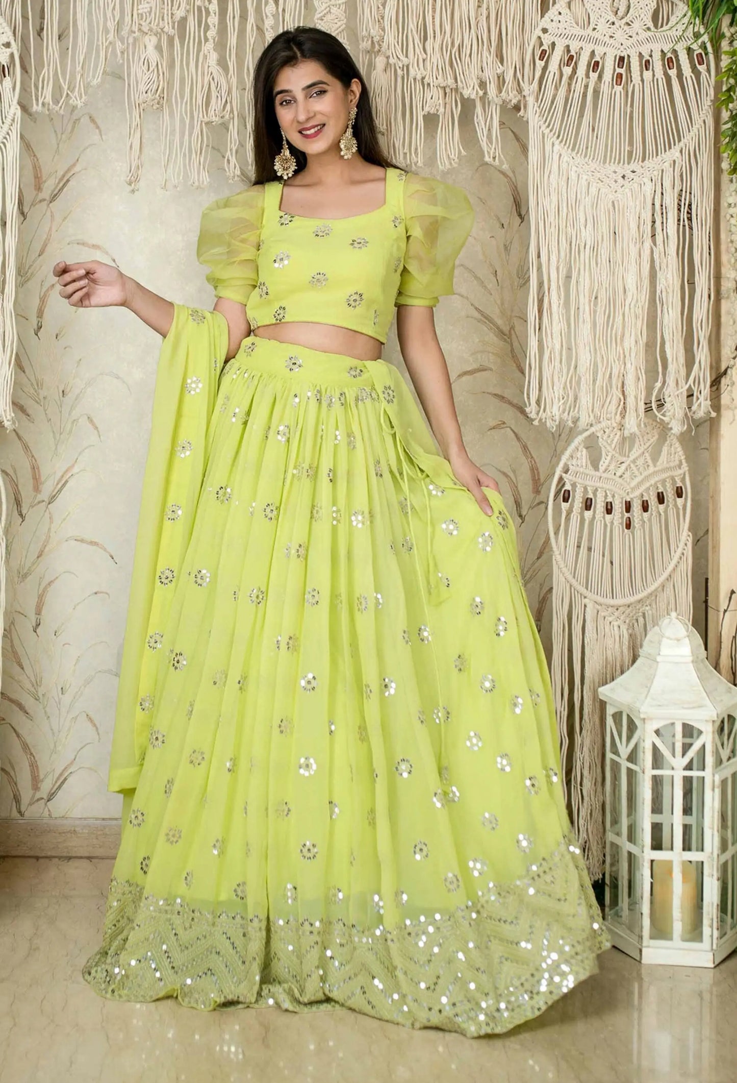 Neon Georgette Lehenga With Sequins And zari Embroidered Work