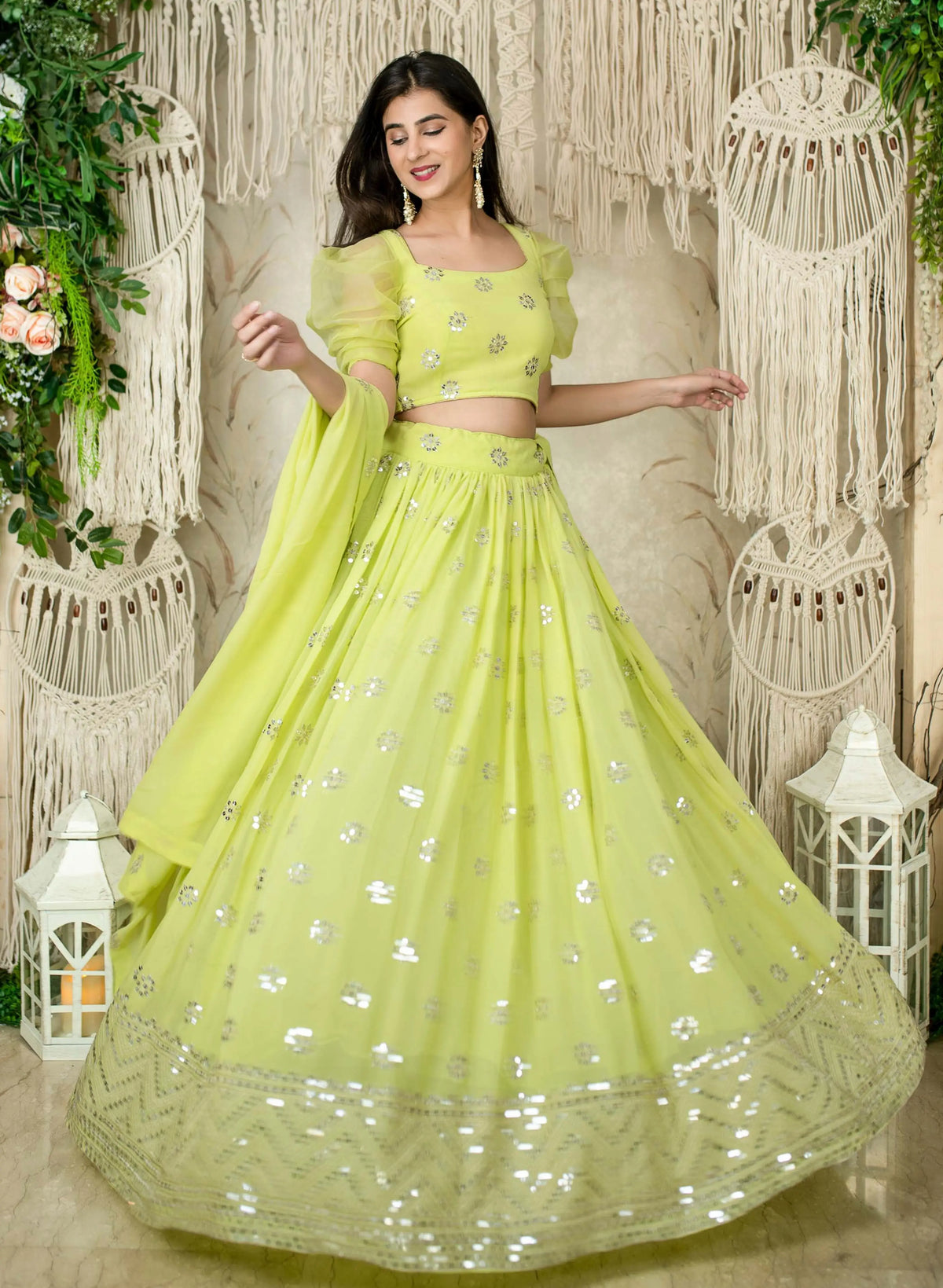 Neon Georgette Lehenga With Sequins And zari Embroidered Work