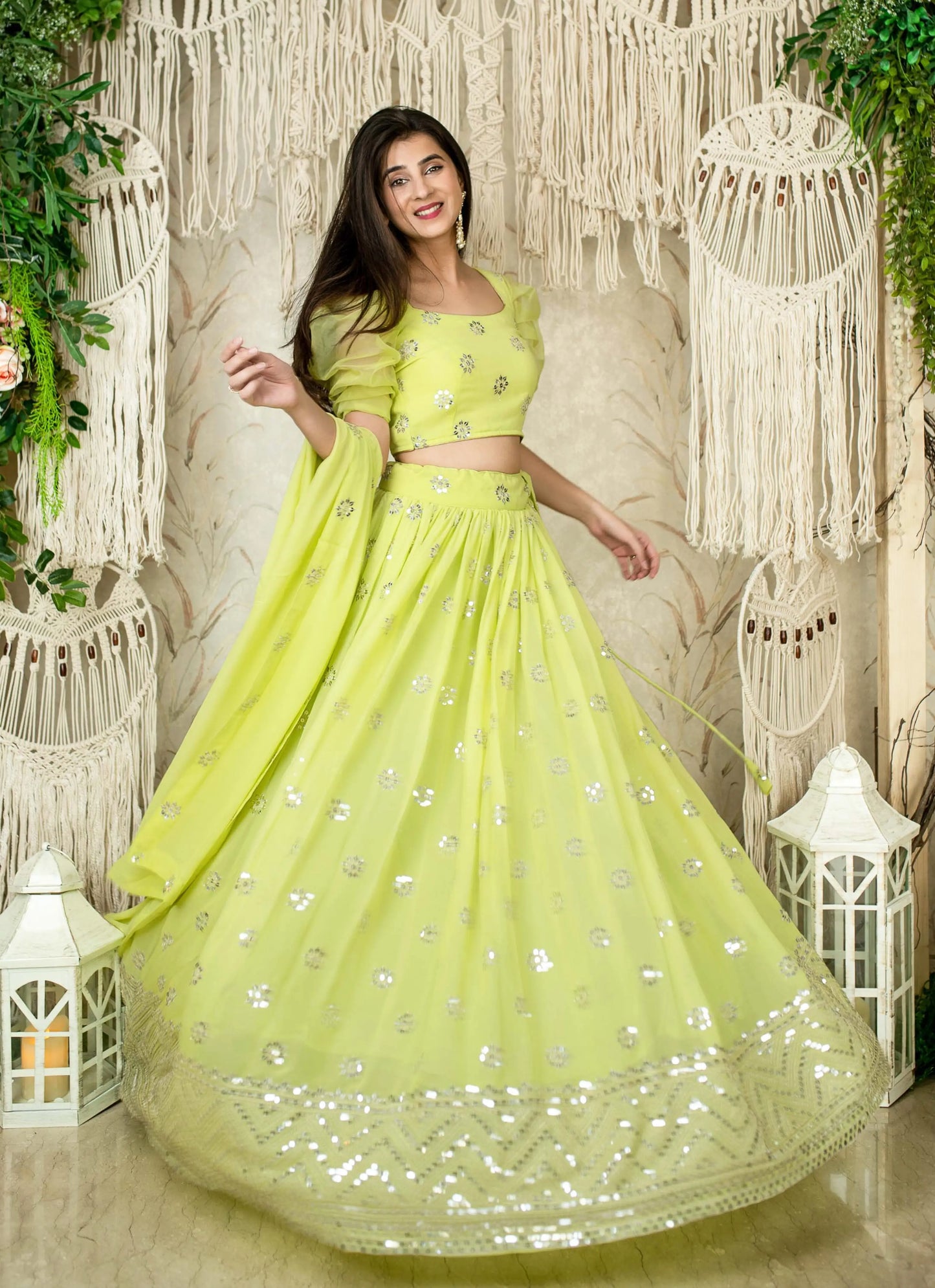 Neon Georgette Lehenga With Sequins And zari Embroidered Work